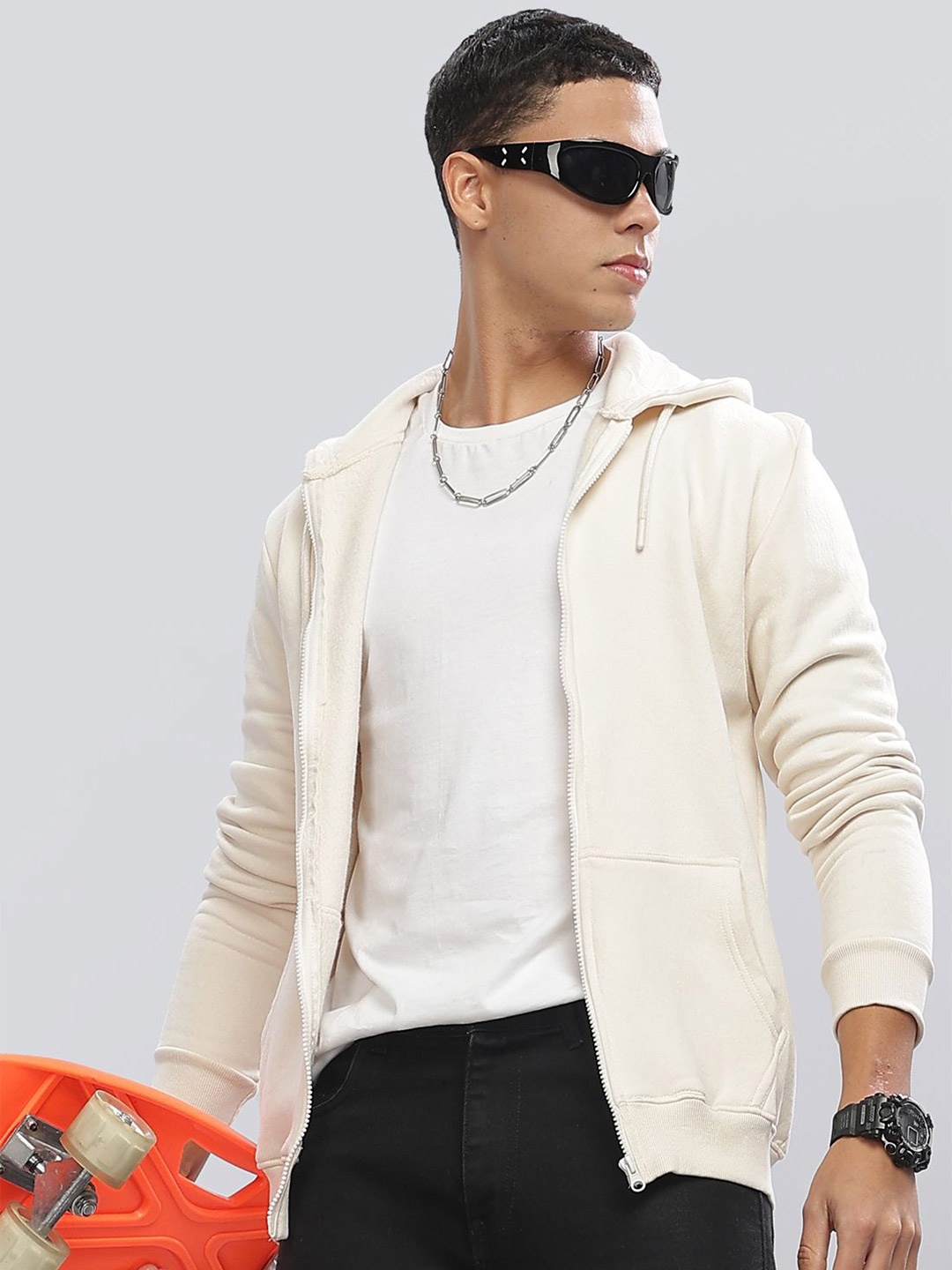 

ADRO Men Zipper Hooded Sweatshirt, White