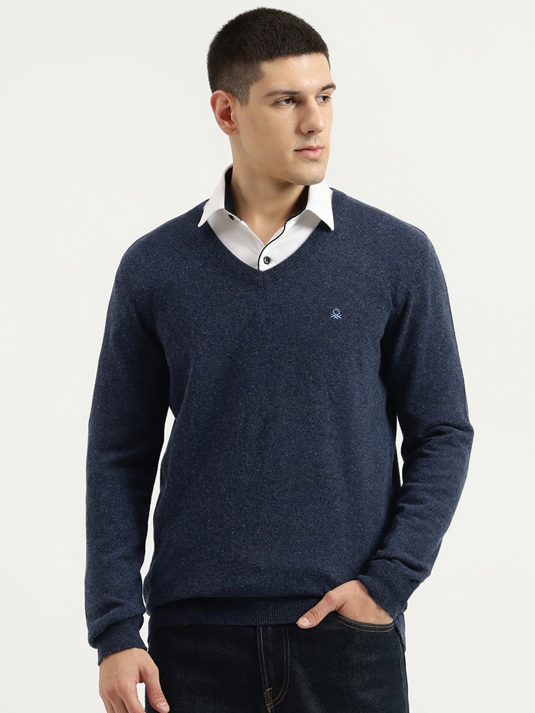 

United Colors of Benetton Men Woollen V - Neck Fashion, Blue