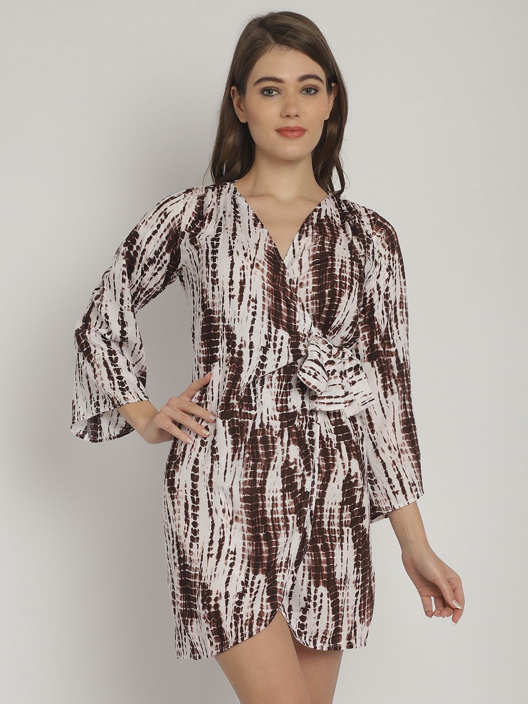 

Blissence Women Cotton Tie and Dye Printed Bell Sleeve Dress, Brown