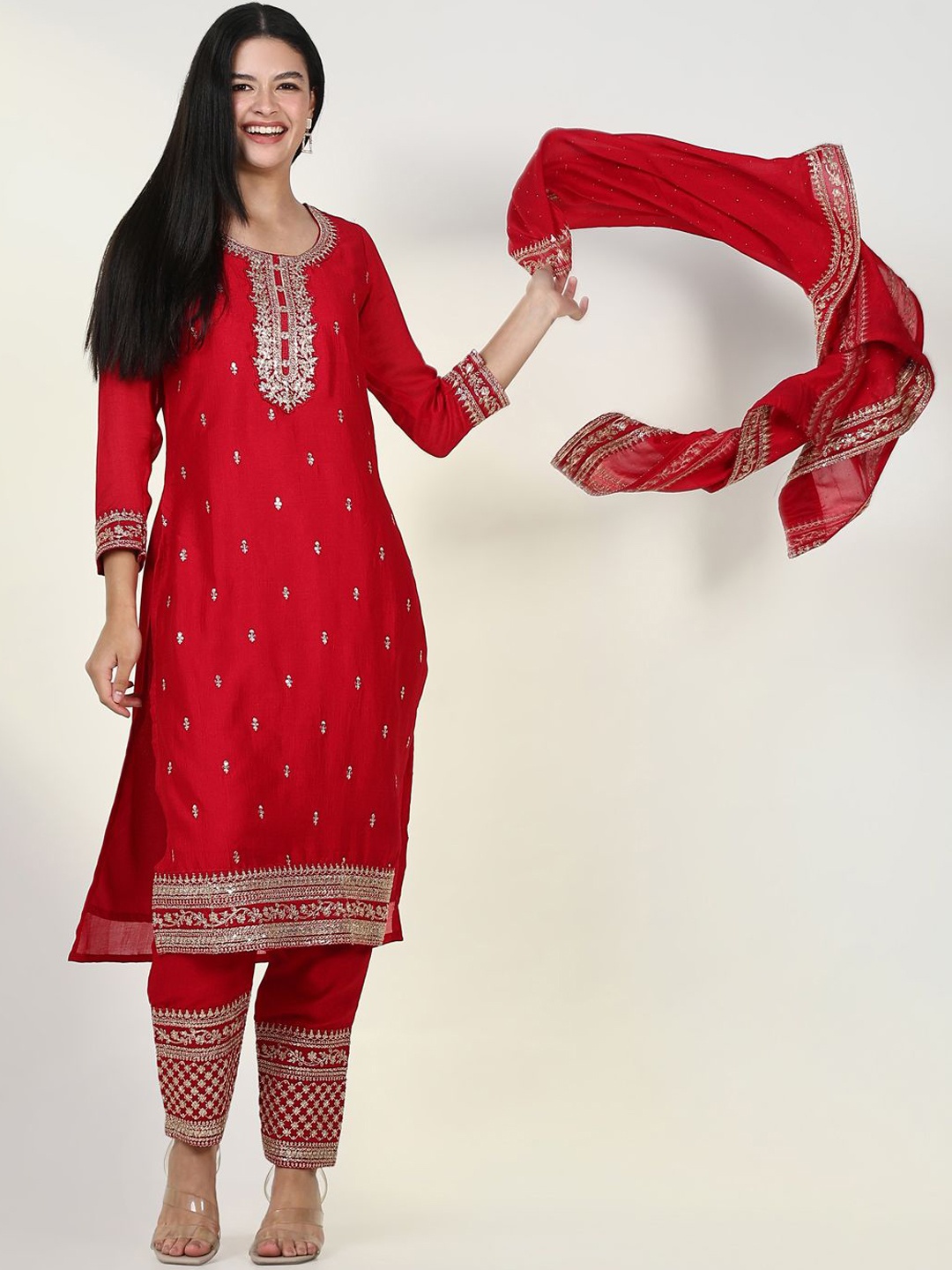 

SHOWOFF Women Embroidered Regular Thread Work Kurta with Trousers & With Dupatta, Red