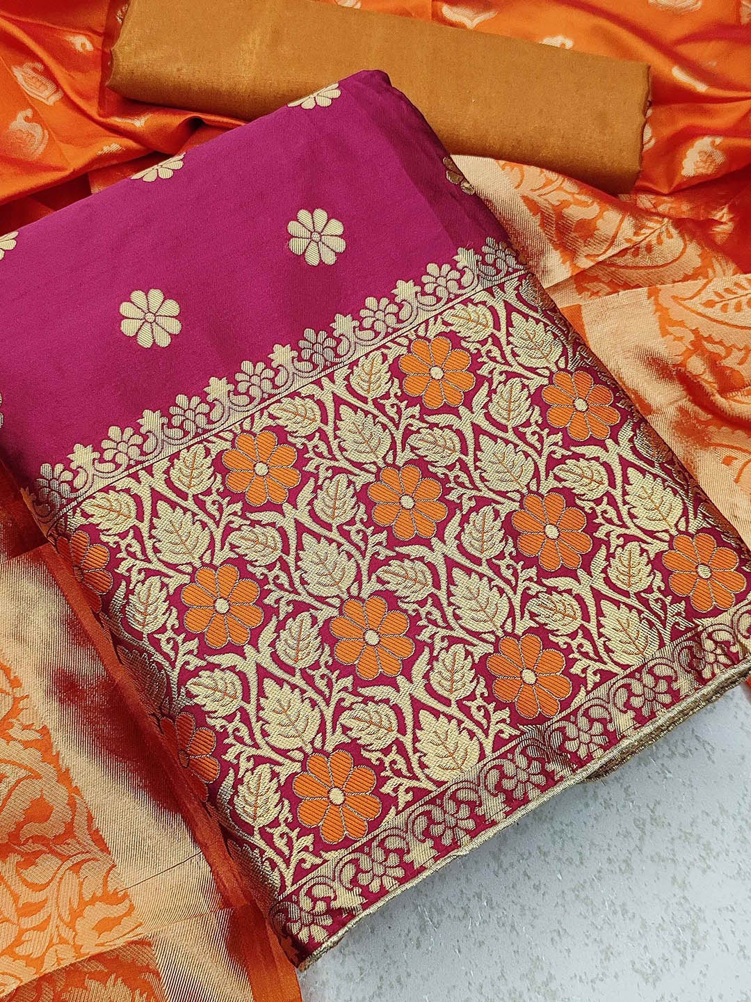

Maroosh Floral Woven Design Zari Jacquard Unstitched Dress Material, Pink