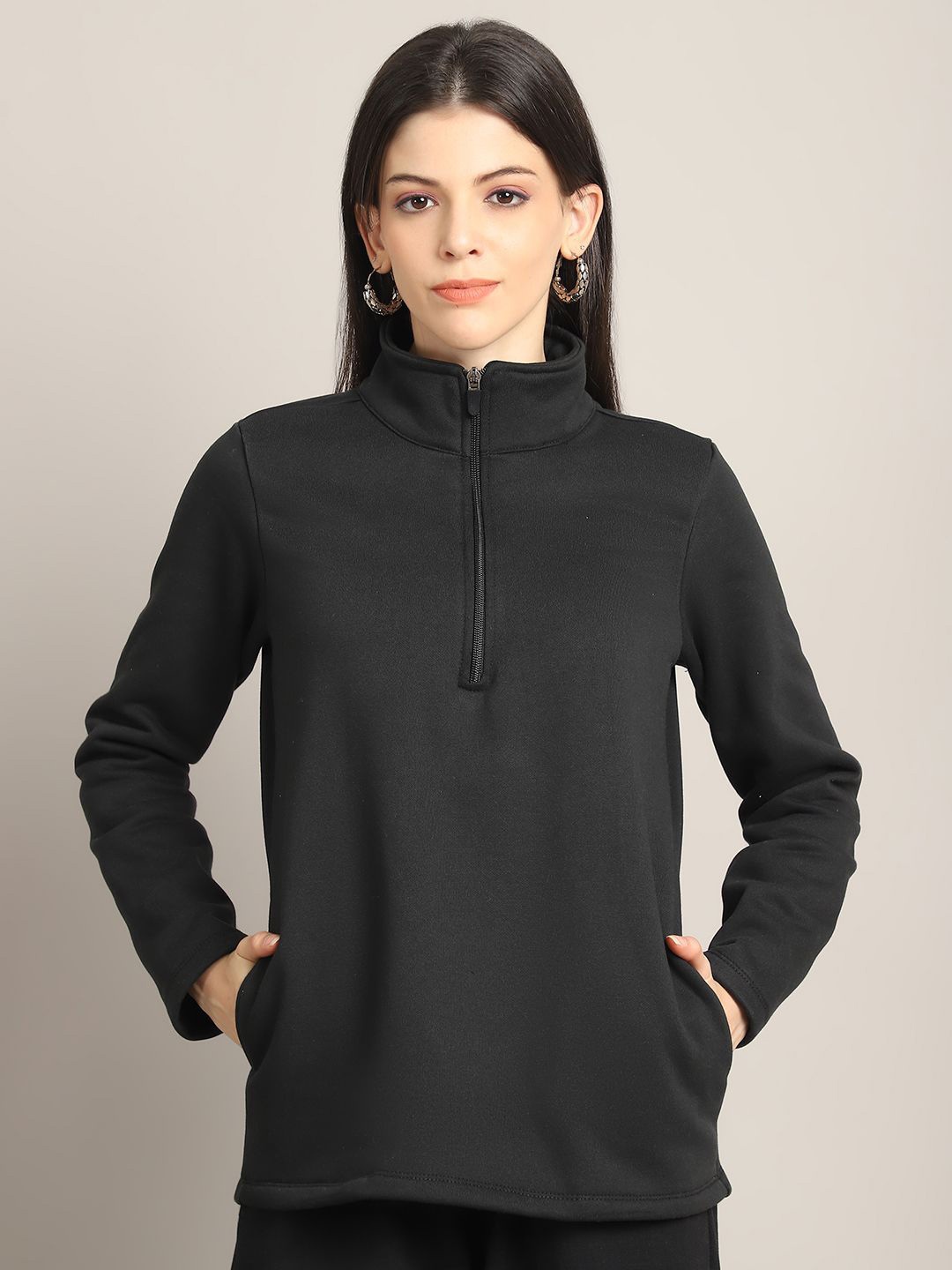 

Rute Women Pure Cotton Mock Collar Long Sleeves Sweatshirt, Black