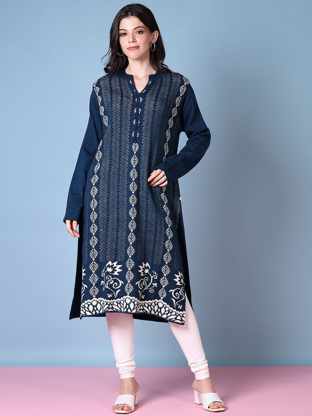 

V-Mart Floral Printed Mandarin Collar Straight Cotton Kurta, Teal