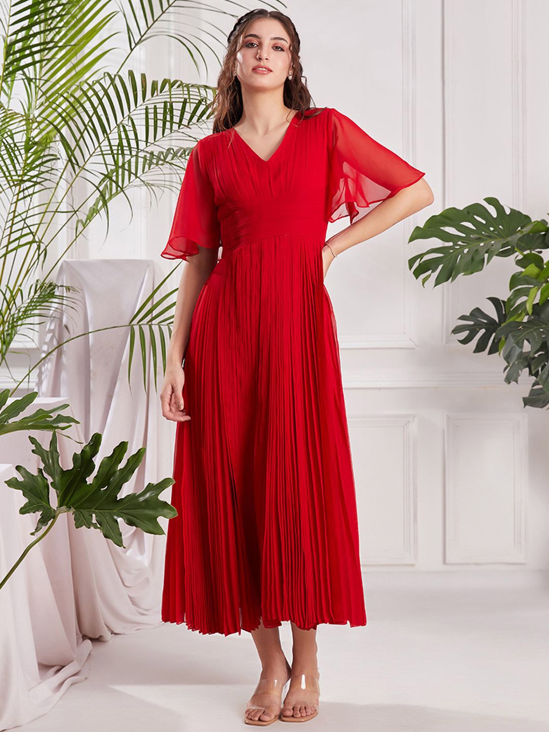 

TORSHA Women V-Neck Flared Sleeve Maxi Dress, Red