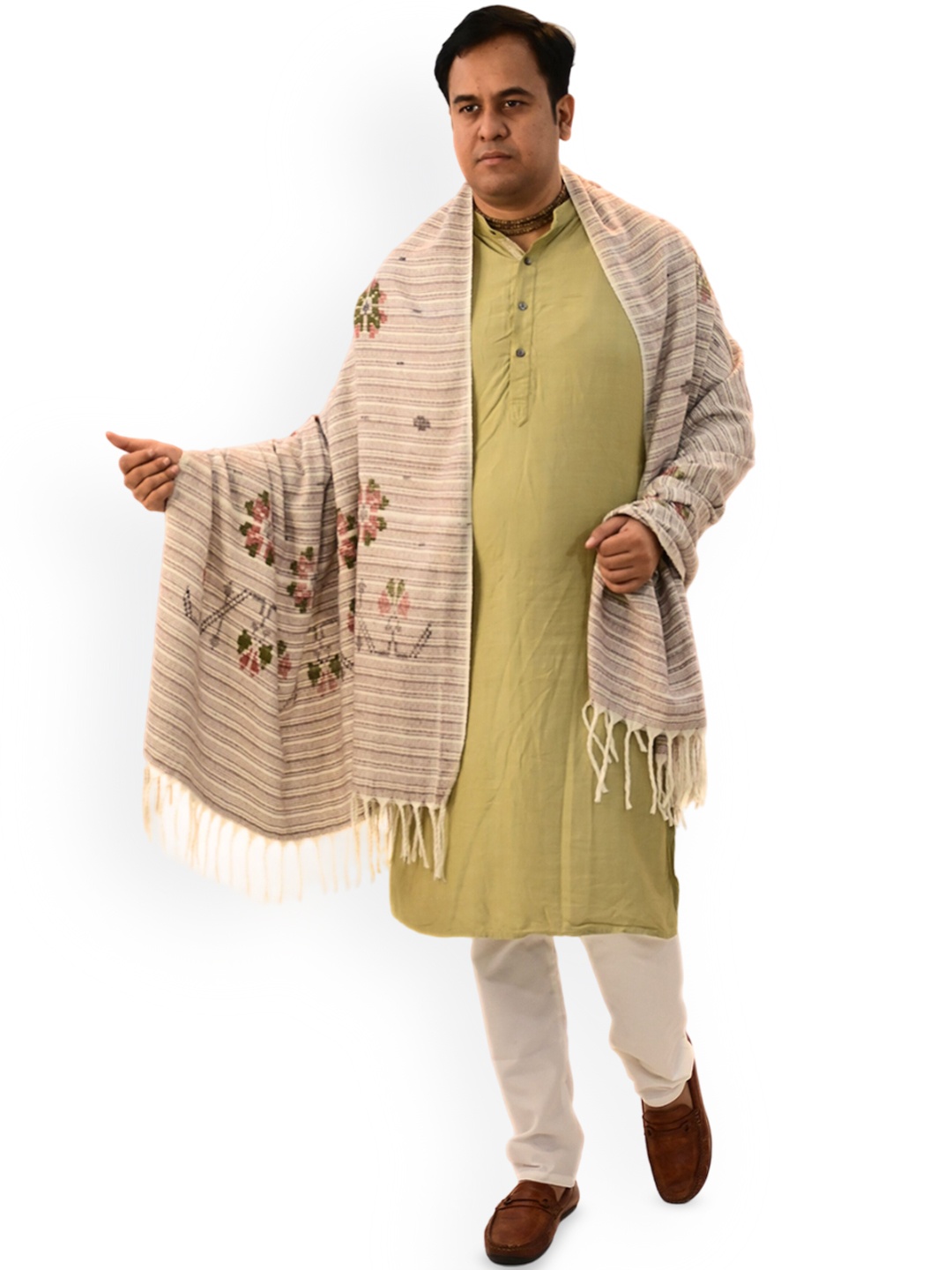 

Vrinde Floral Printed Kashmiri Woollen Shawl, Cream