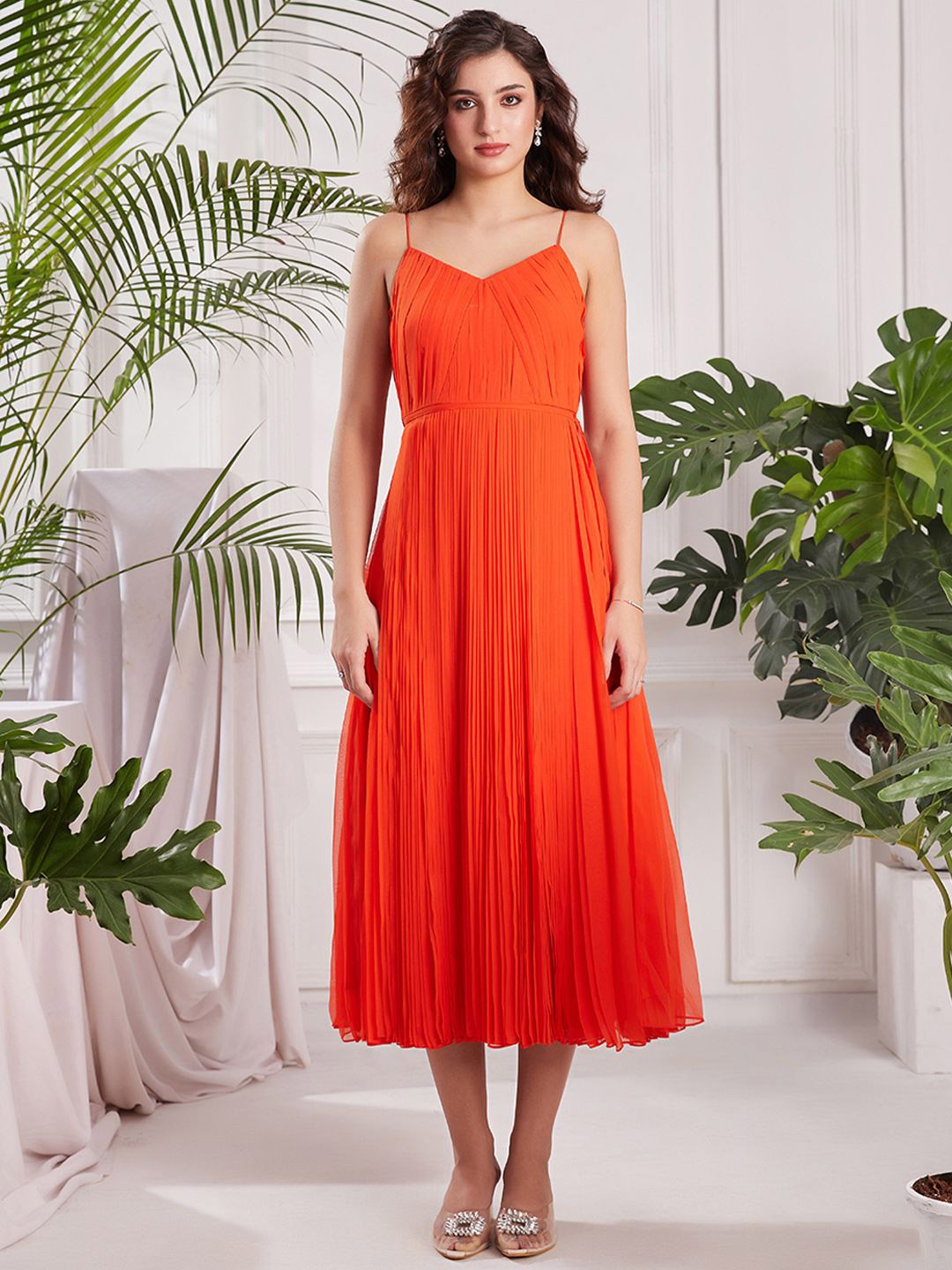 

TORSHA Women Shoulder Straps Fit & Flare Midi Dress, Orange