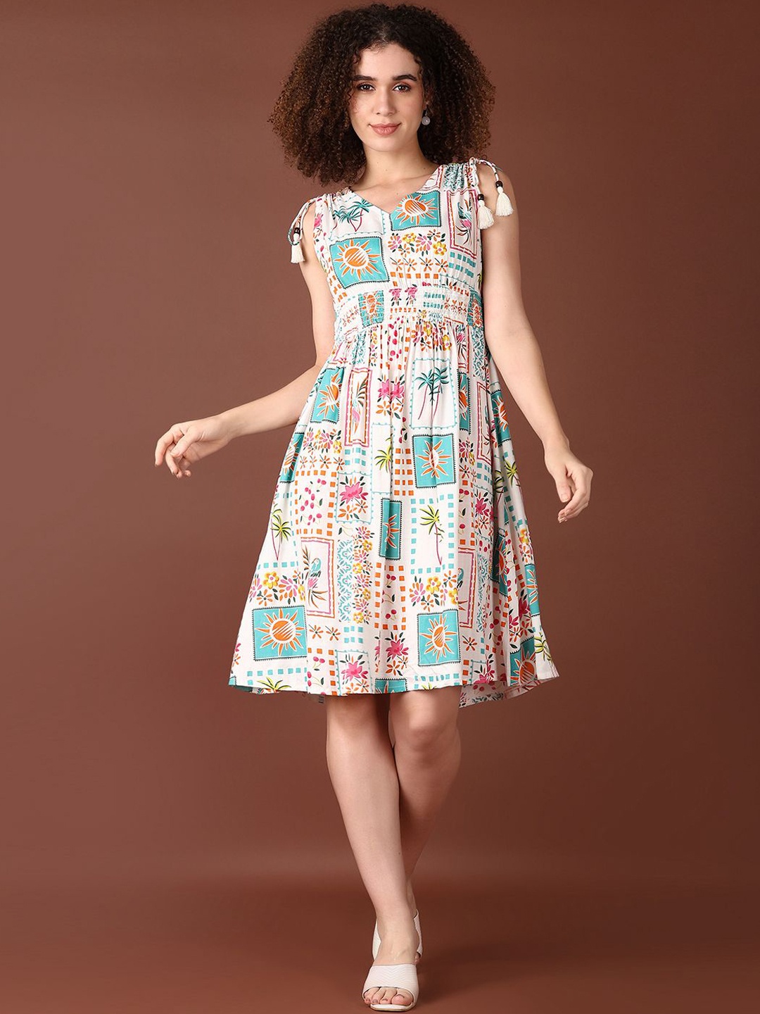 

V-Mart Women Ethnic Motifs Printed Fit & Flare Dress, Off white