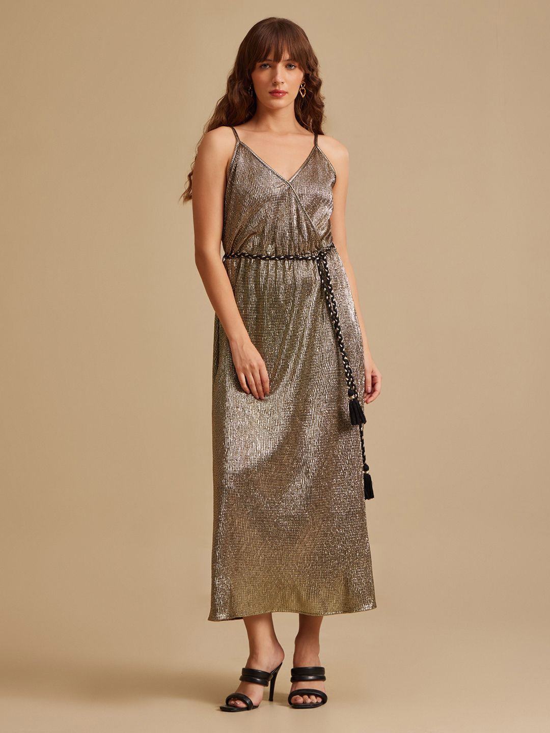 

Kazo Women Embellished Noodle Strap Maxi Dress, Gold