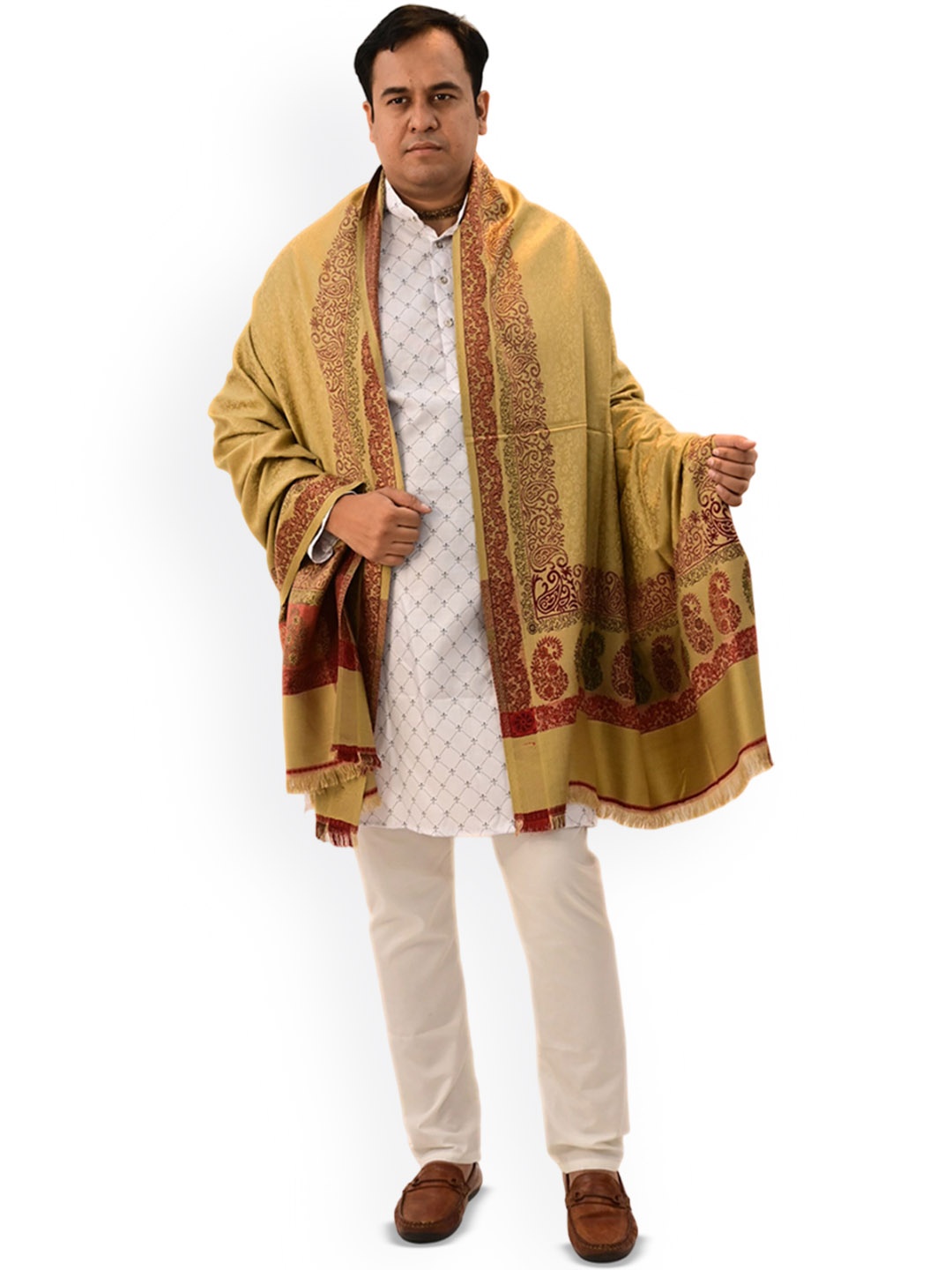 

Vrinde Men Ethnic Motifs Woven Design Woollen Shawl, Beige