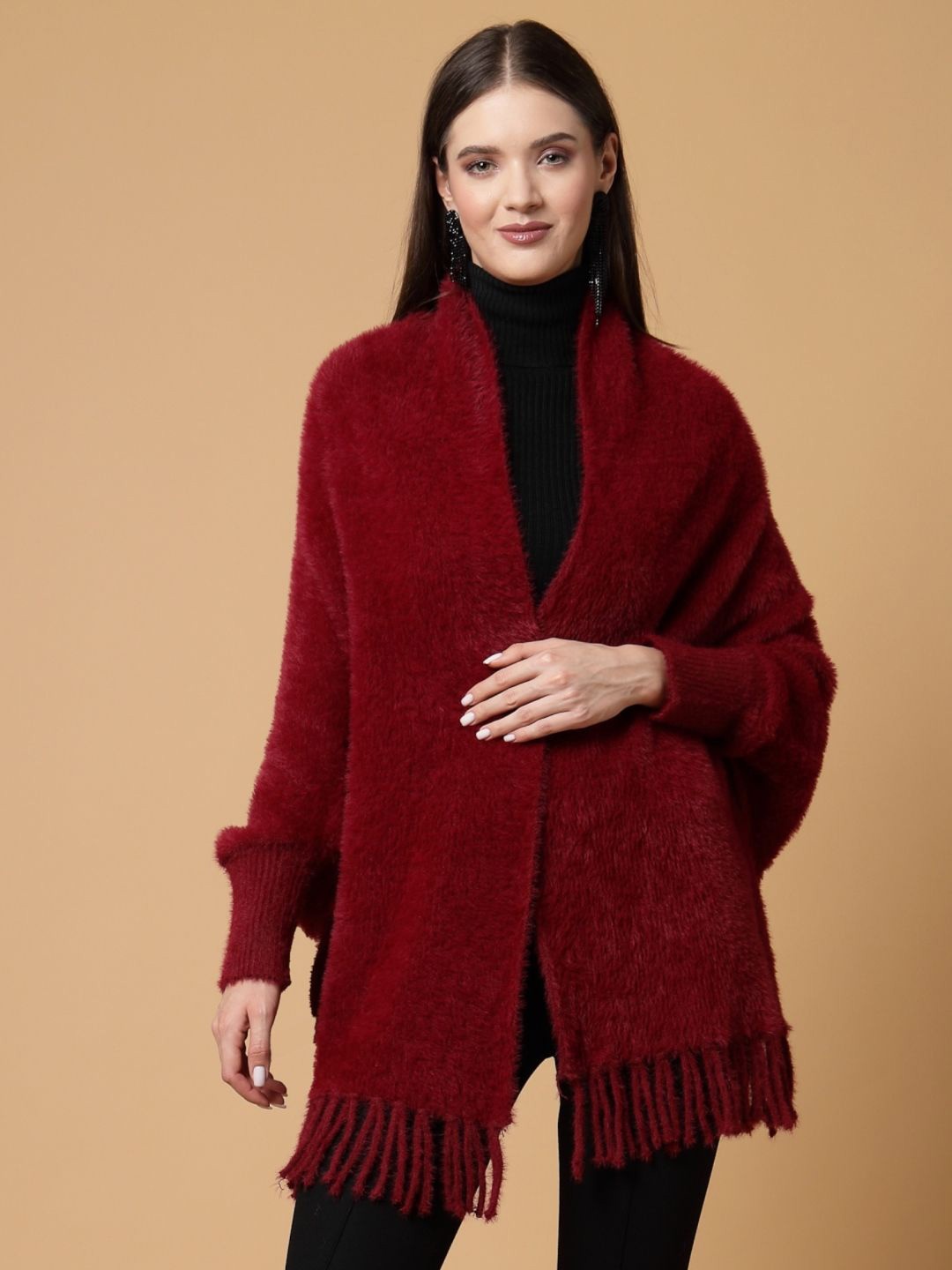 

Mafadeny Women Longline Poncho, Maroon