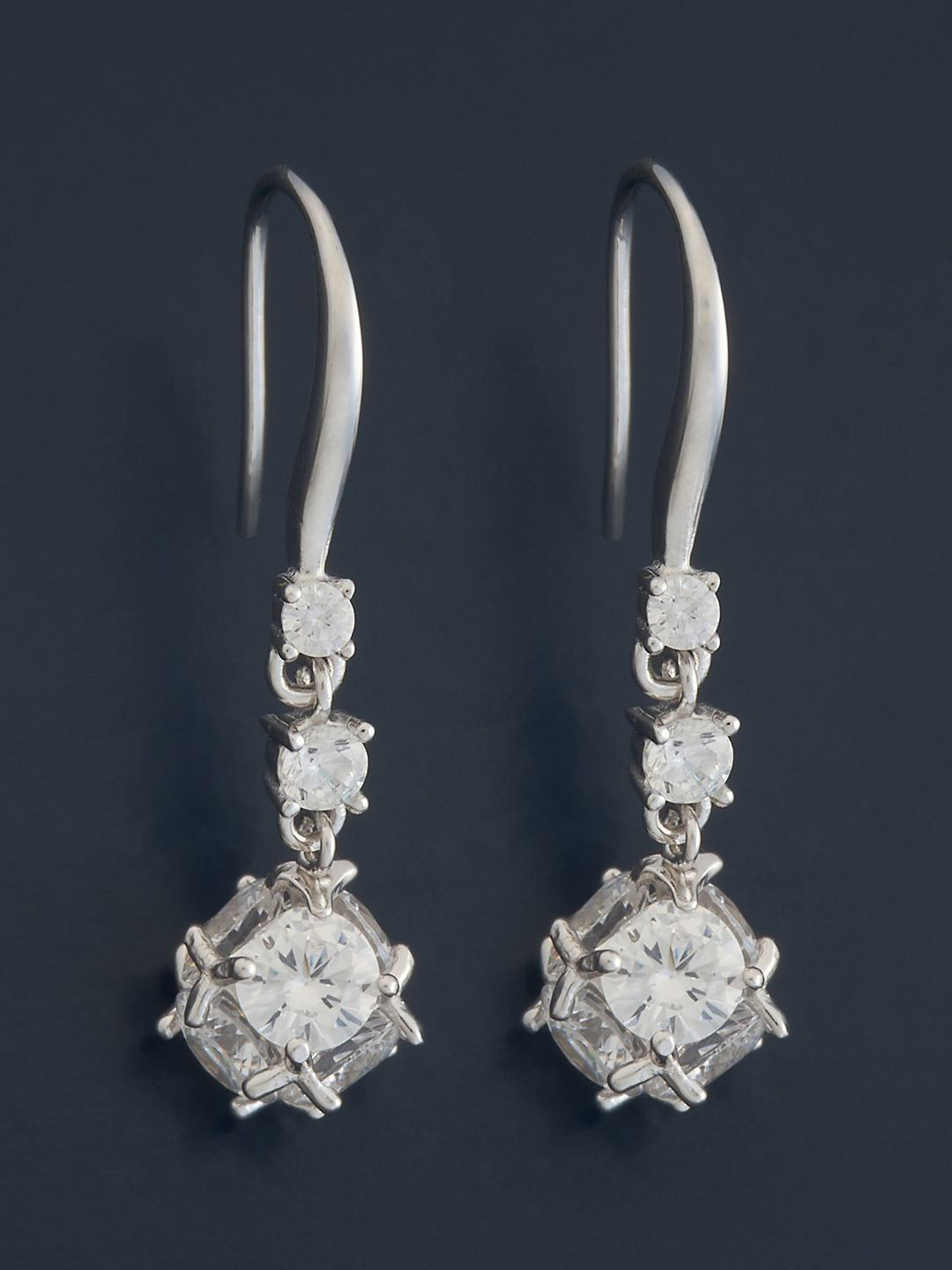 

Kushal's Fashion Jewellery Rhodium-Plated Zircon Studded Contemporary Drop Earrings, Silver