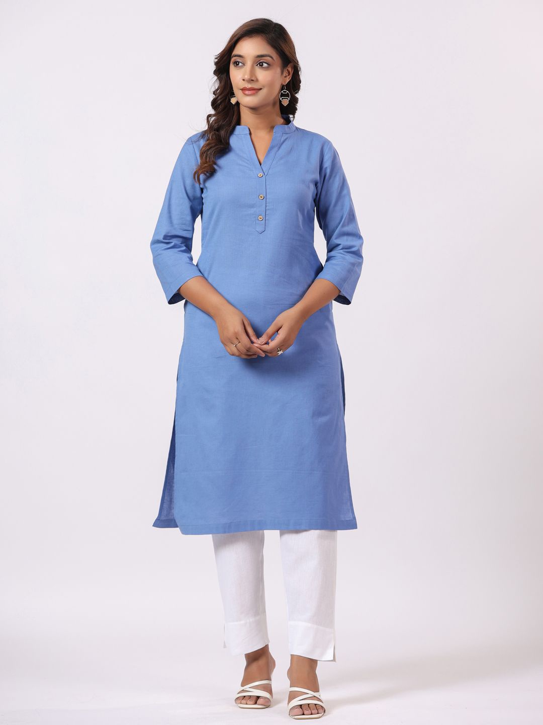 

PIROH Mandarin Collar Cotton Straight Kurta, Blue