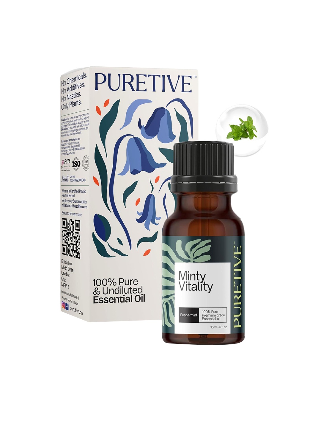 

Puretive Botanics Minty Vitality Essential Oil For Cold & Headache Relief, Digestive- 15ml, Transparent