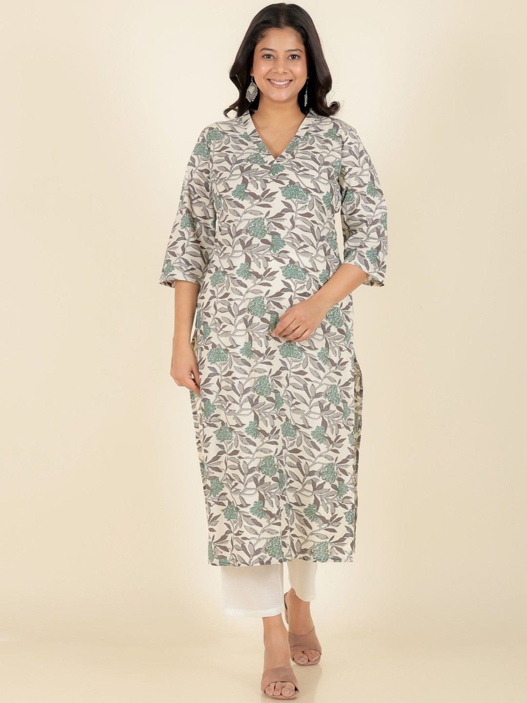 

Aramya Floral Printed Pure Cotton Straight Kurta With Trousers, Cream