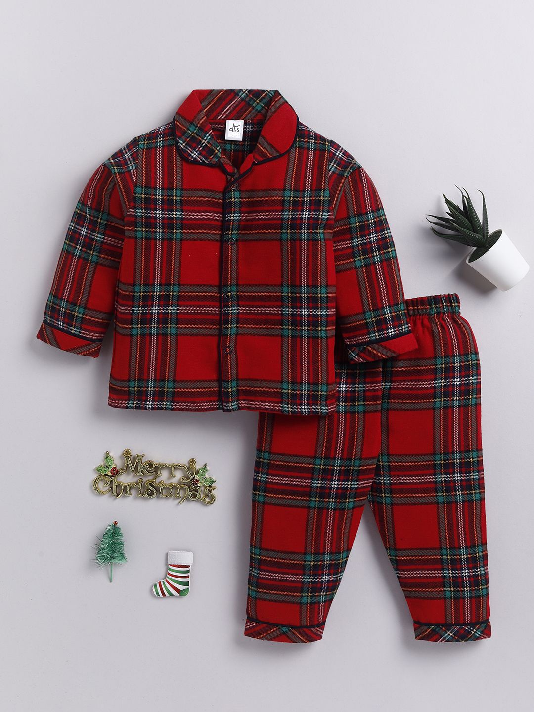 

Clt.s Kids Pure Cotton Checked Shirt & Pyjamas Night suit, Red