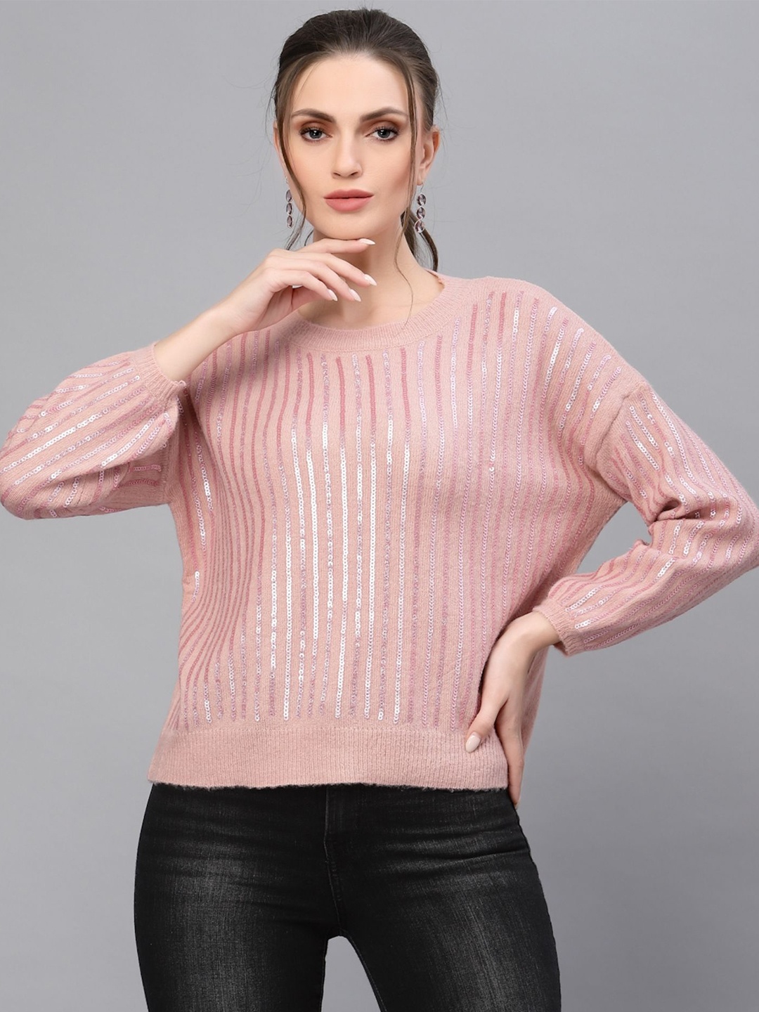 

Mafadeny Women Embroidered Pullover with Embellished Detail, Peach