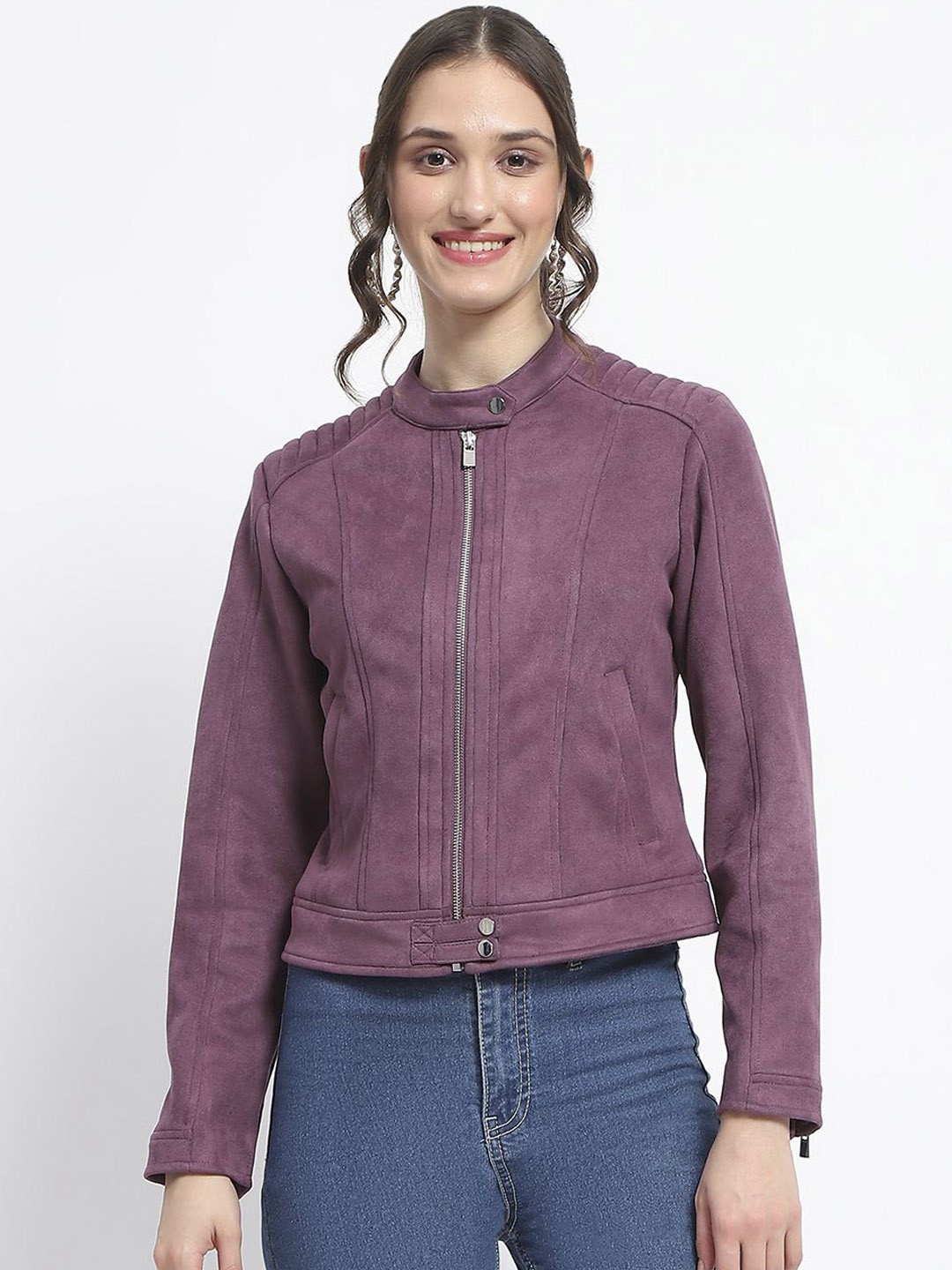 

Madame Women Stand Collar Biker Jacket, Mauve