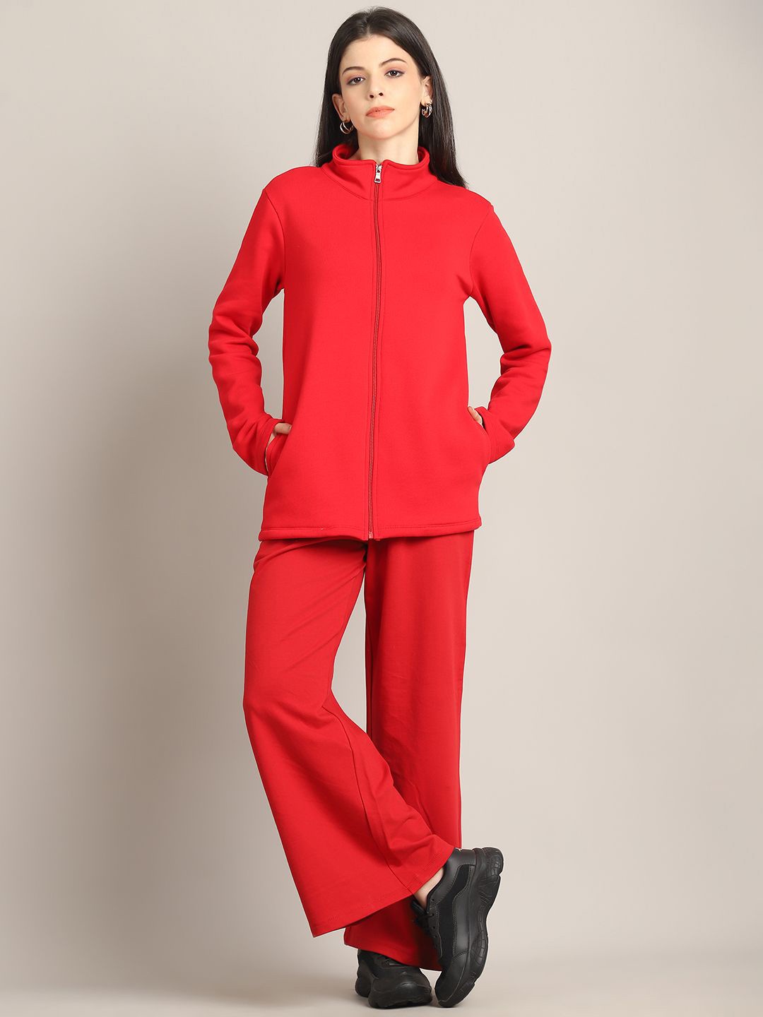 

Rute Women Mock Collar Pure Cotton Tracksuit, Red