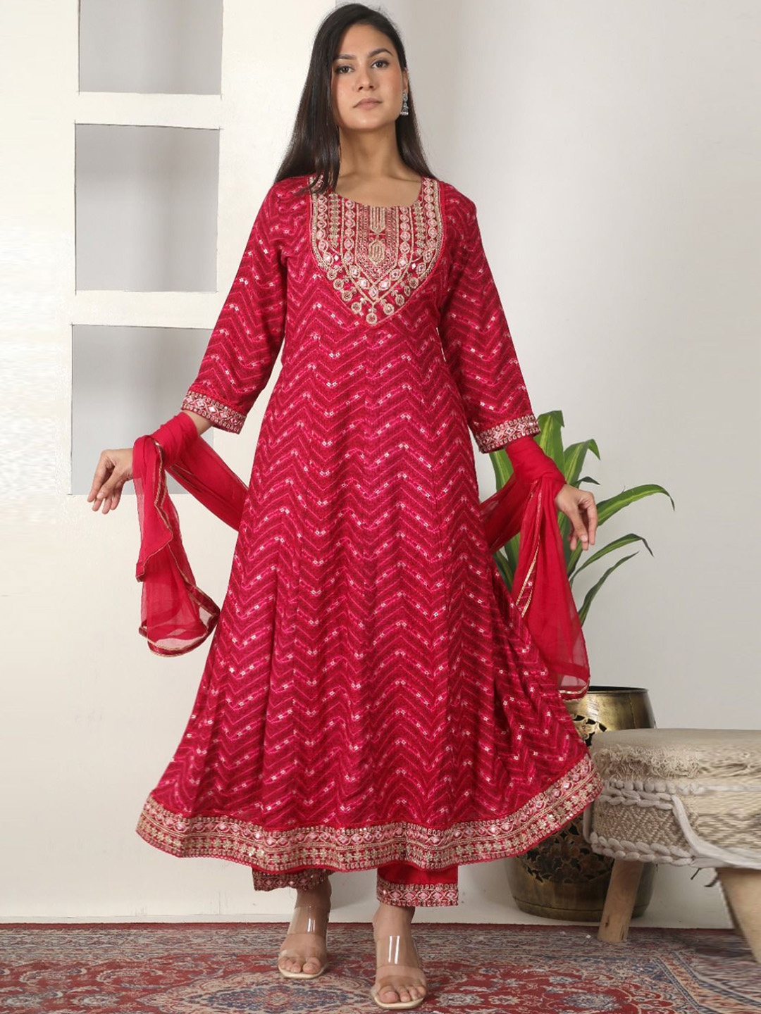 

Fabinn Floral Embroidered Thread Work Anarkali Kurta With Trousers & Dupatta, Red