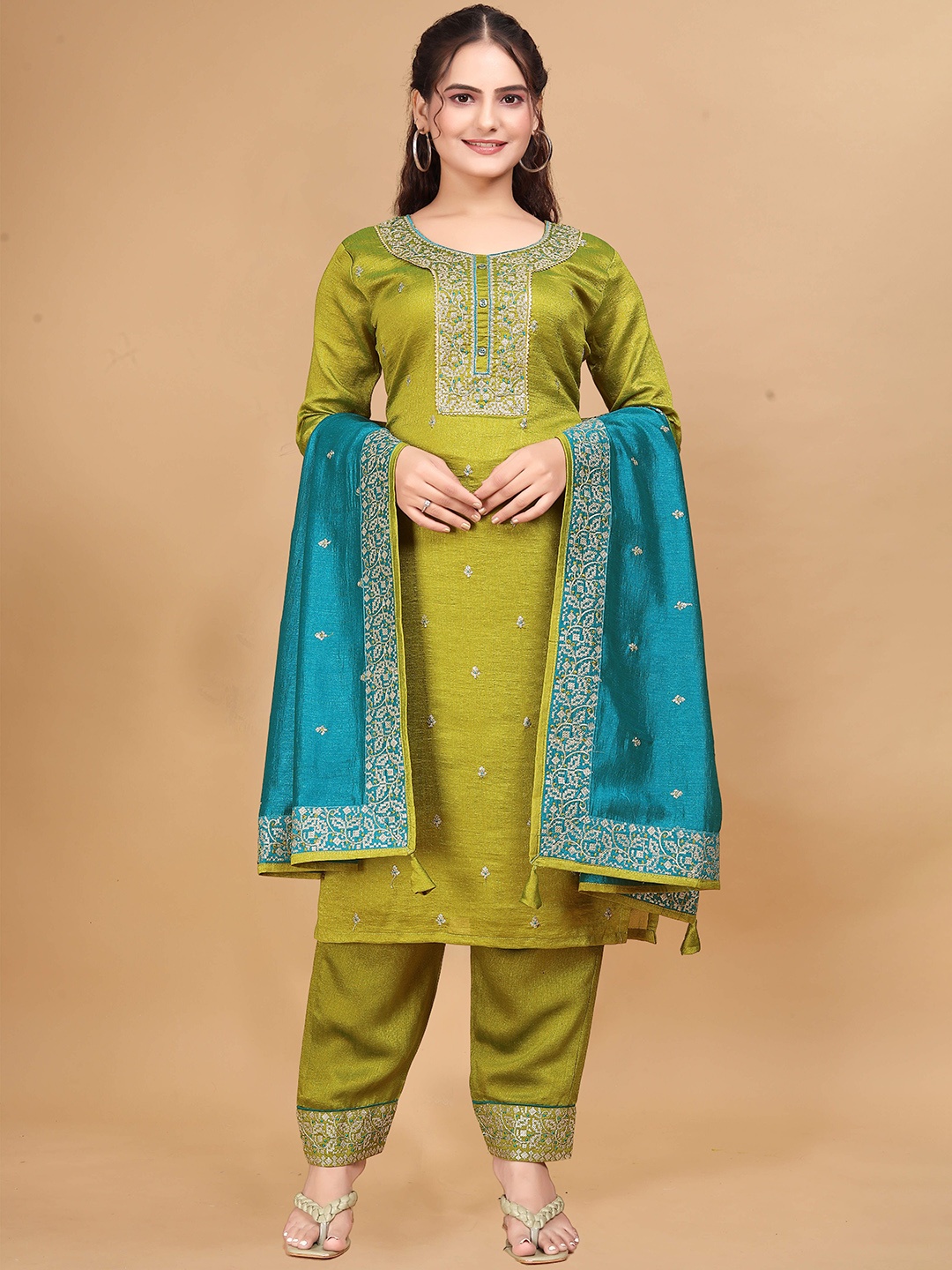 

Rujave Women Ethnic Motifs Embroidered Regular Sequinned Pure Silk Kurta with Trousers & With Dupatta, Lime green