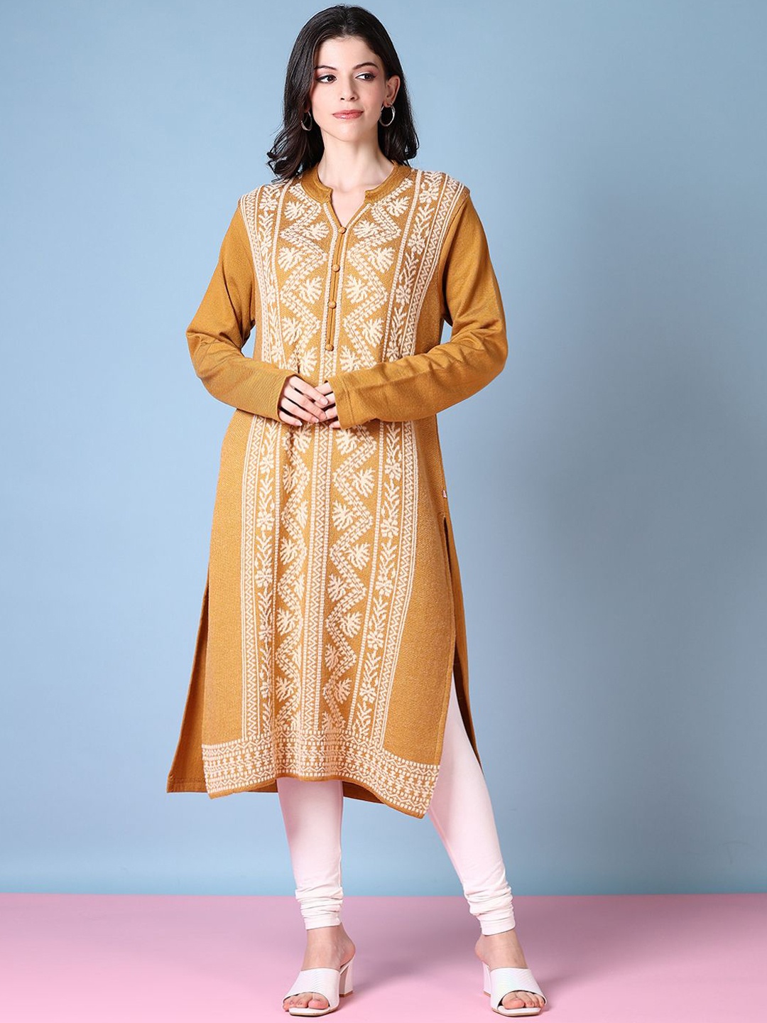 

V-Mart Floral Woven Design Mandarin Collar Cotton A-Line Kurta, Mustard