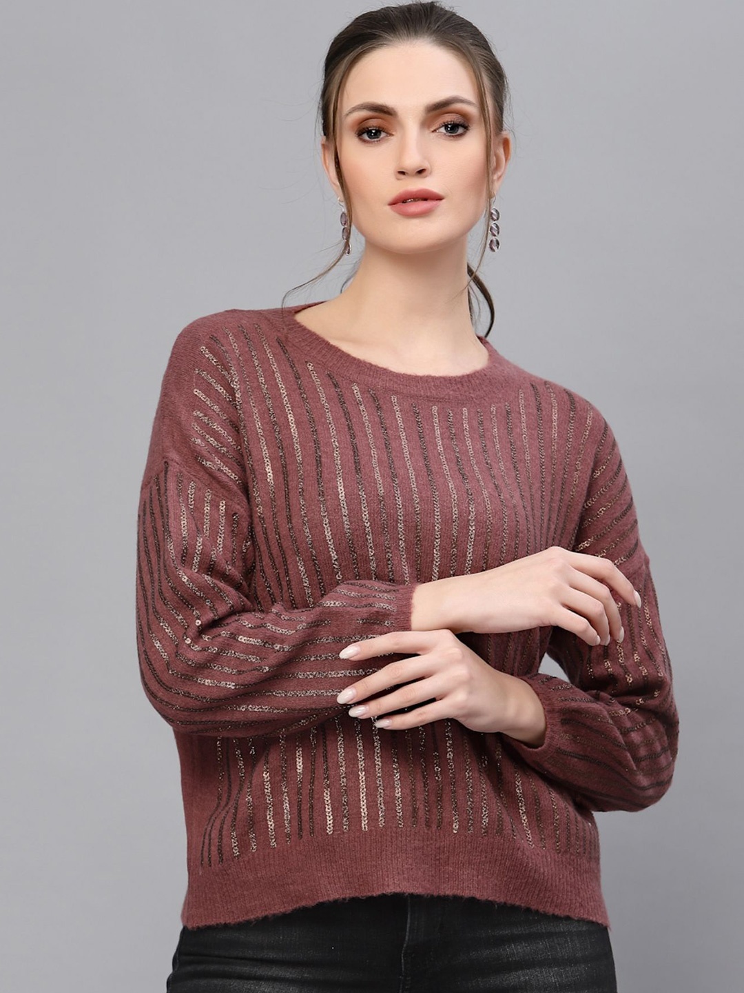 

Mafadeny Women Round Neck Pullover with Embellished Detail, Maroon