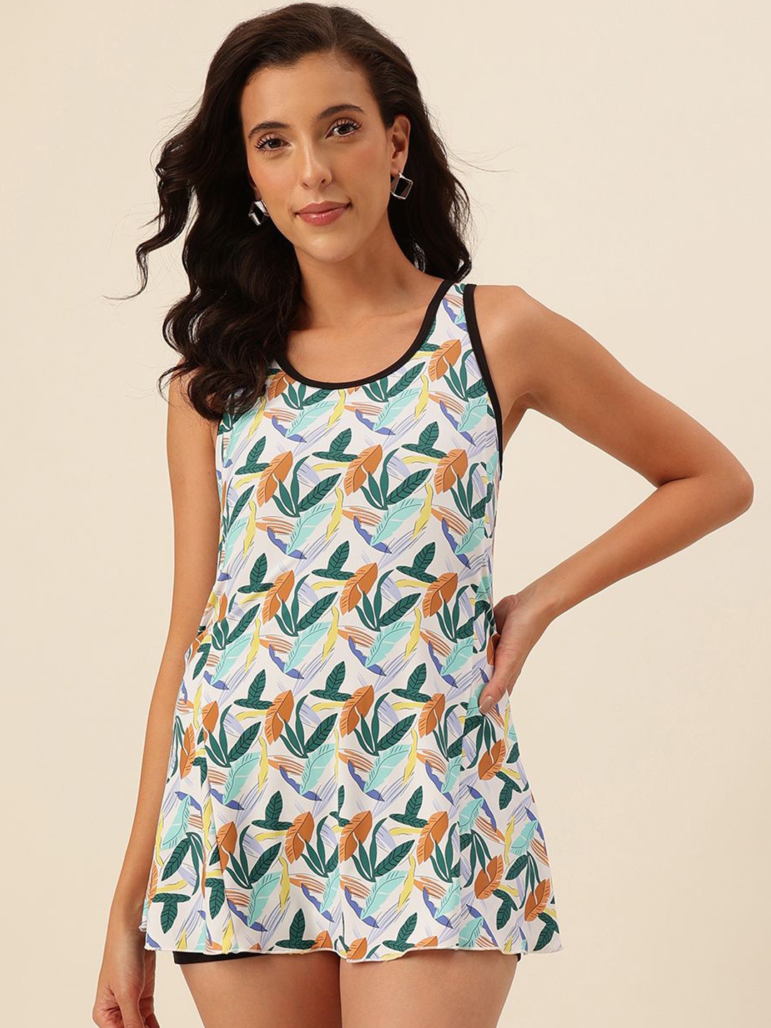 

CUKOO Women Tropical Printed Round Neck Sleeveless Swimwear, Green