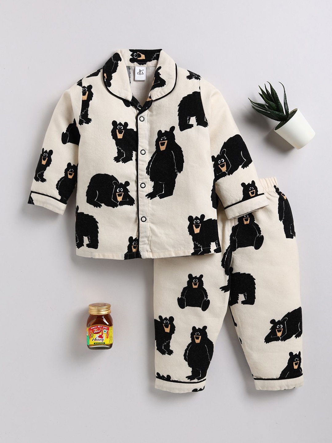 

Clt.s Kids - Unisex Animal Printed Pure Cotton Shirt Collar Night suit, Cream