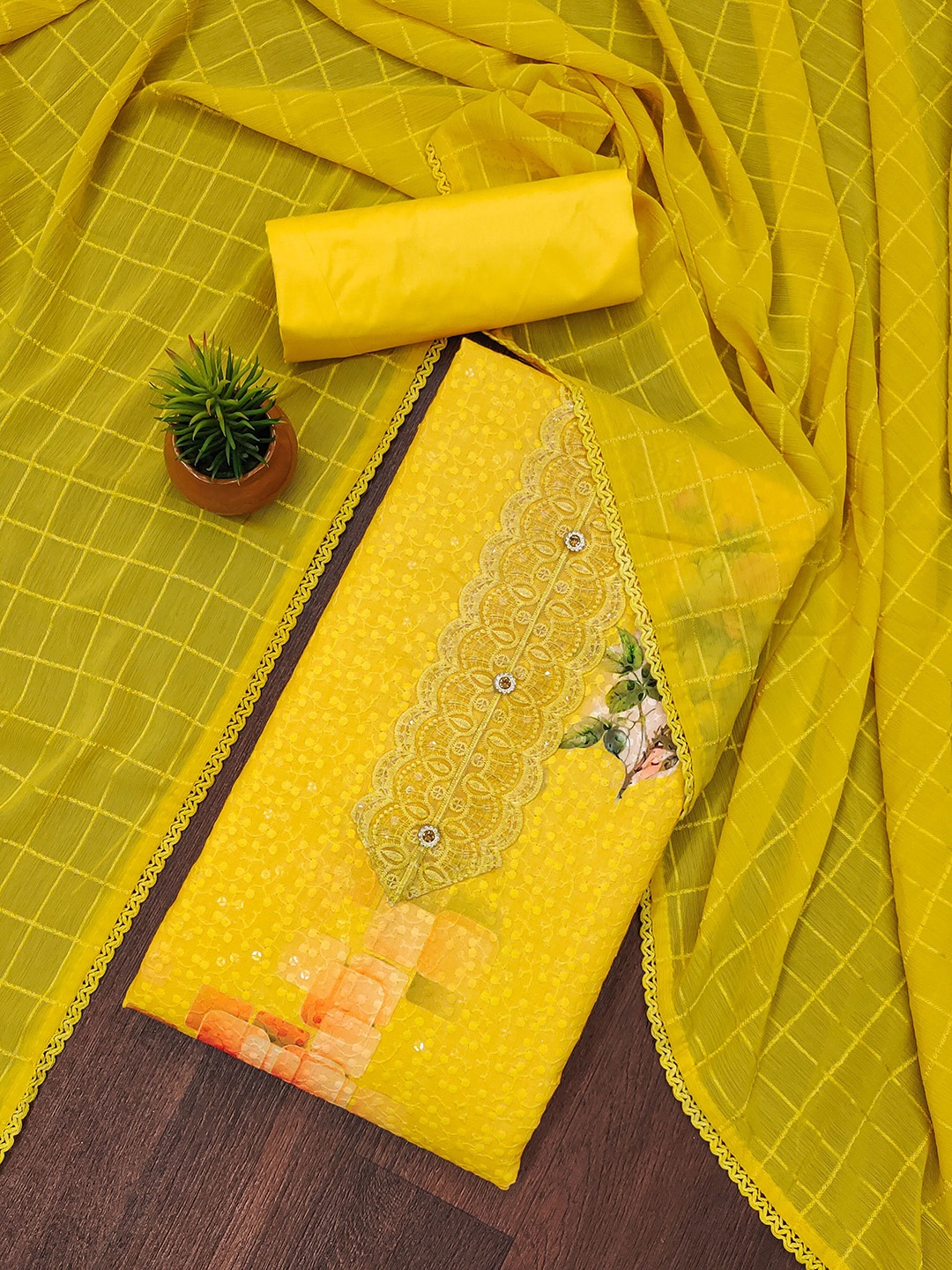 

Maroosh Floral Embellished Unstitched Dress Material, Yellow
