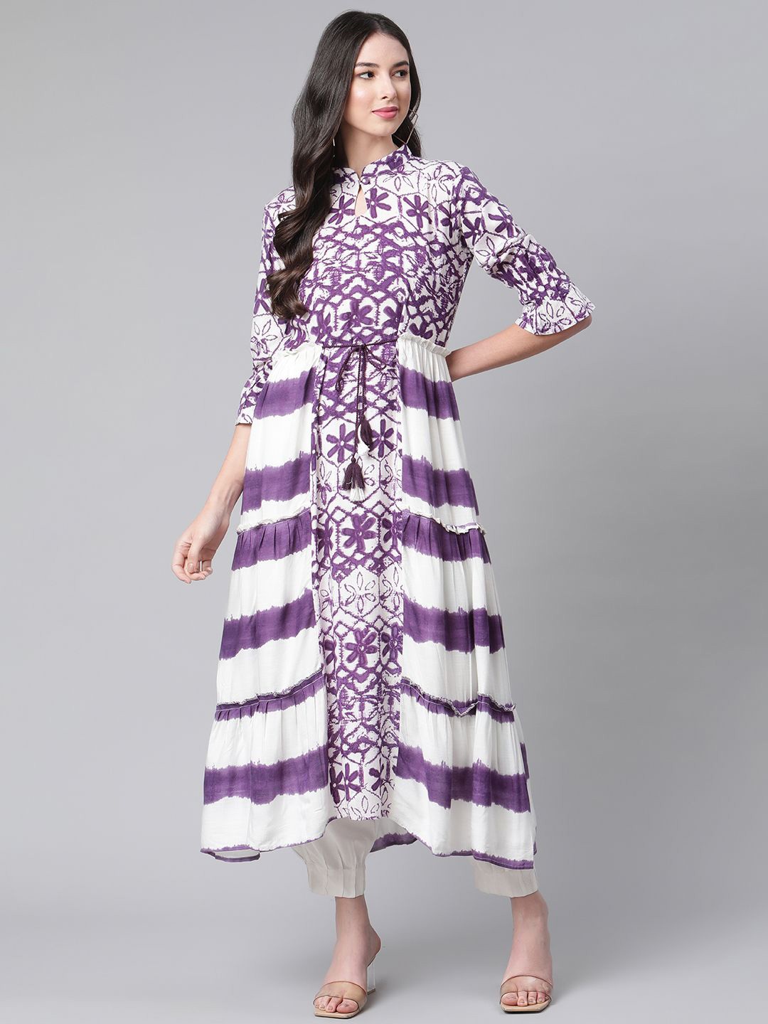 

Indibelle Women Floral Printed Tie-Up Neck Fit & Flare Maxi Dress, Purple
