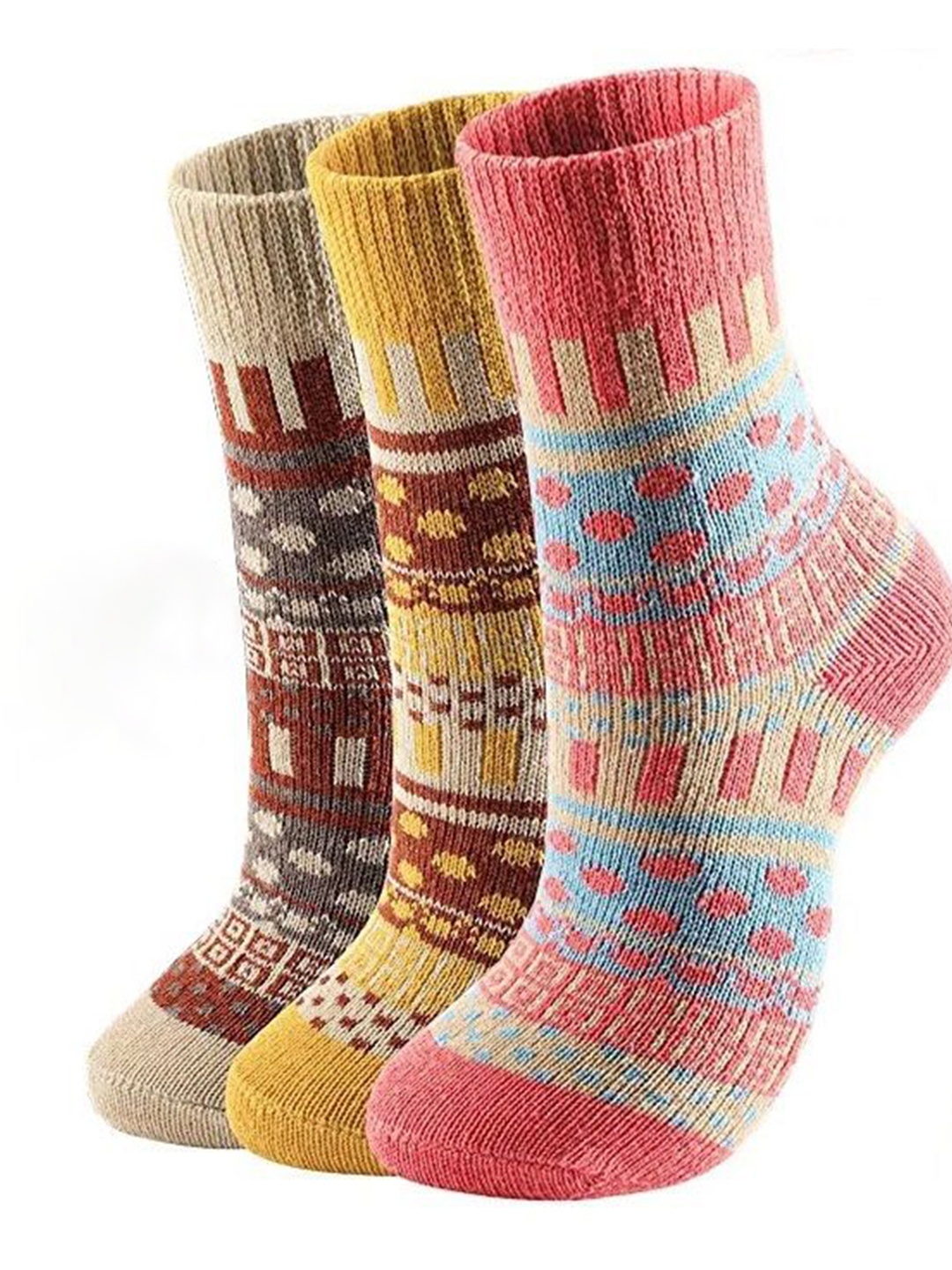 

Alexvyan Women Pack Of 3 Patterned Calf-Length Winter Socks, Yellow