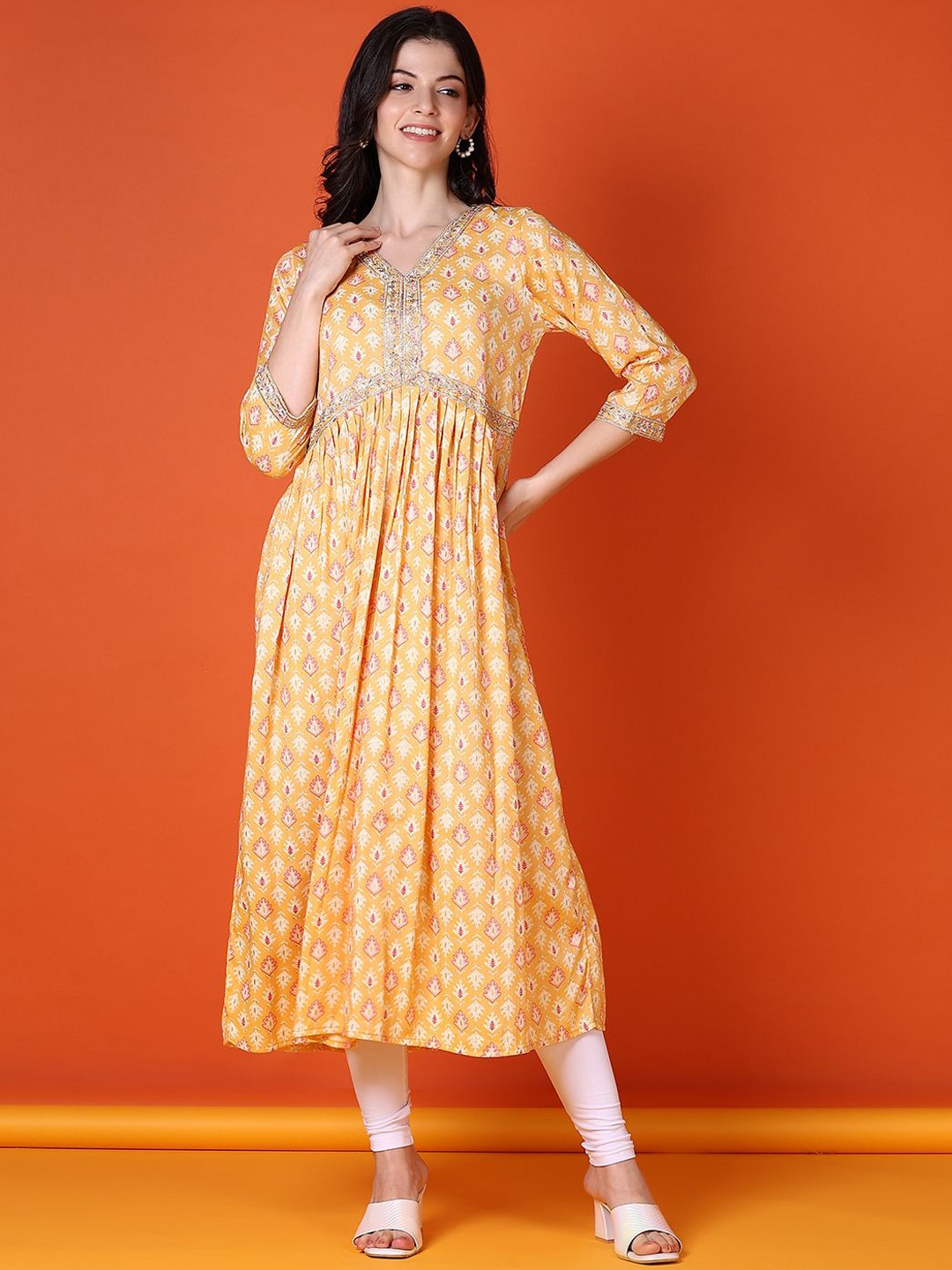 

V-Mart Floral Printed Thread Work Cotton A-Line Kurta, Yellow