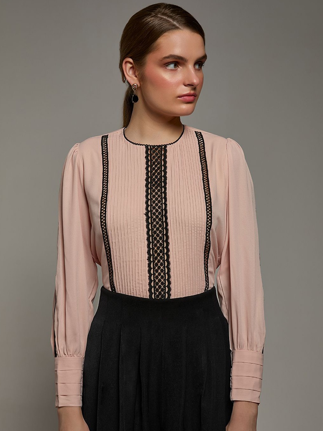 

TORSHA Women Striped Lace - Ups Long Top, Peach