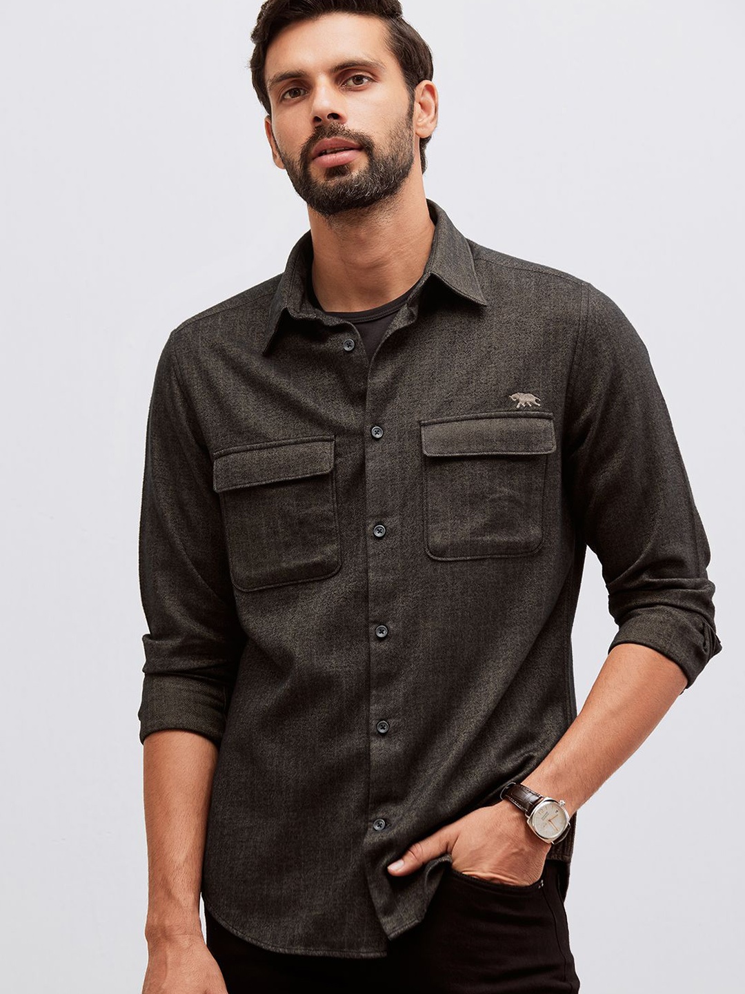 

Andamen Premium Brushed Slim Fit Textured Self Design Cotton Casual Shirt, Black