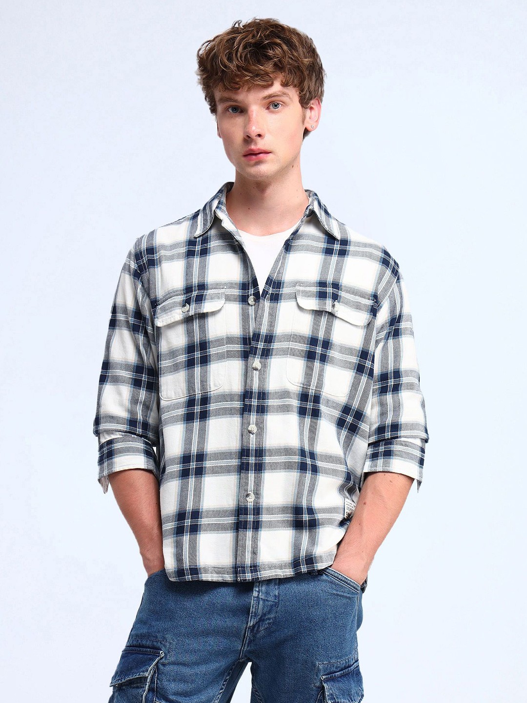 

Flying Machine Men Classic Tartan Checked Pure Cotton Casual Shirt, Blue