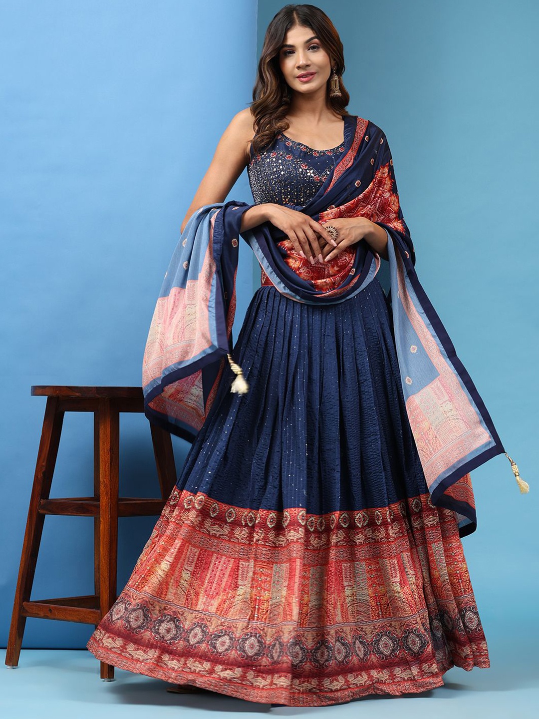

VANAKARA Printed Sequinned Ready to Wear Lehenga & Blouse With Dupatta, Blue