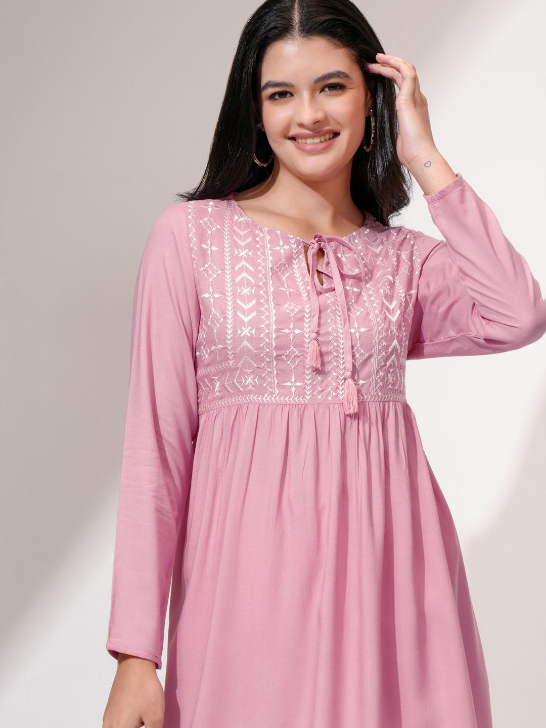 

Vishudh Women Embroidered Round Neck Long Sleeves Top, Pink