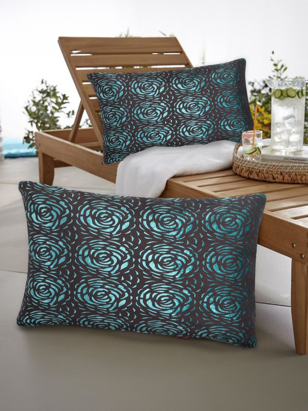 

Tesmare Brown & Teal 2 Pieces Floral Printed Rectangle Cushion Covers