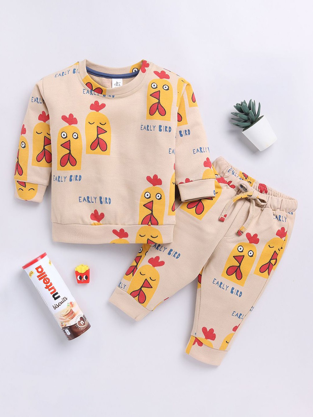 

Clt.s Kids - Unisex Printed Round Neck Night suit, Beige