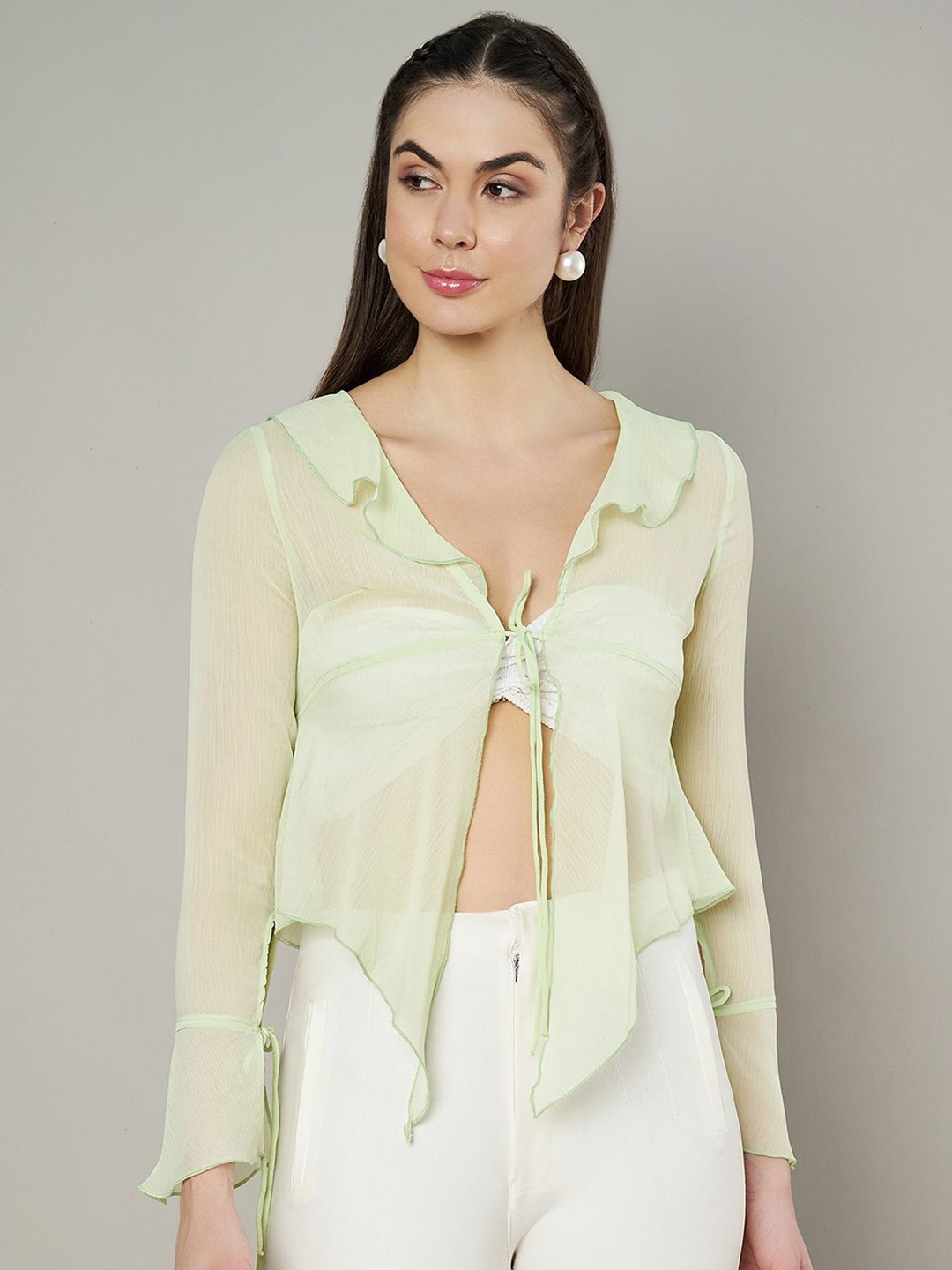 

Amagyaa Ruffled Tie-Up Short Shrug, Lime green