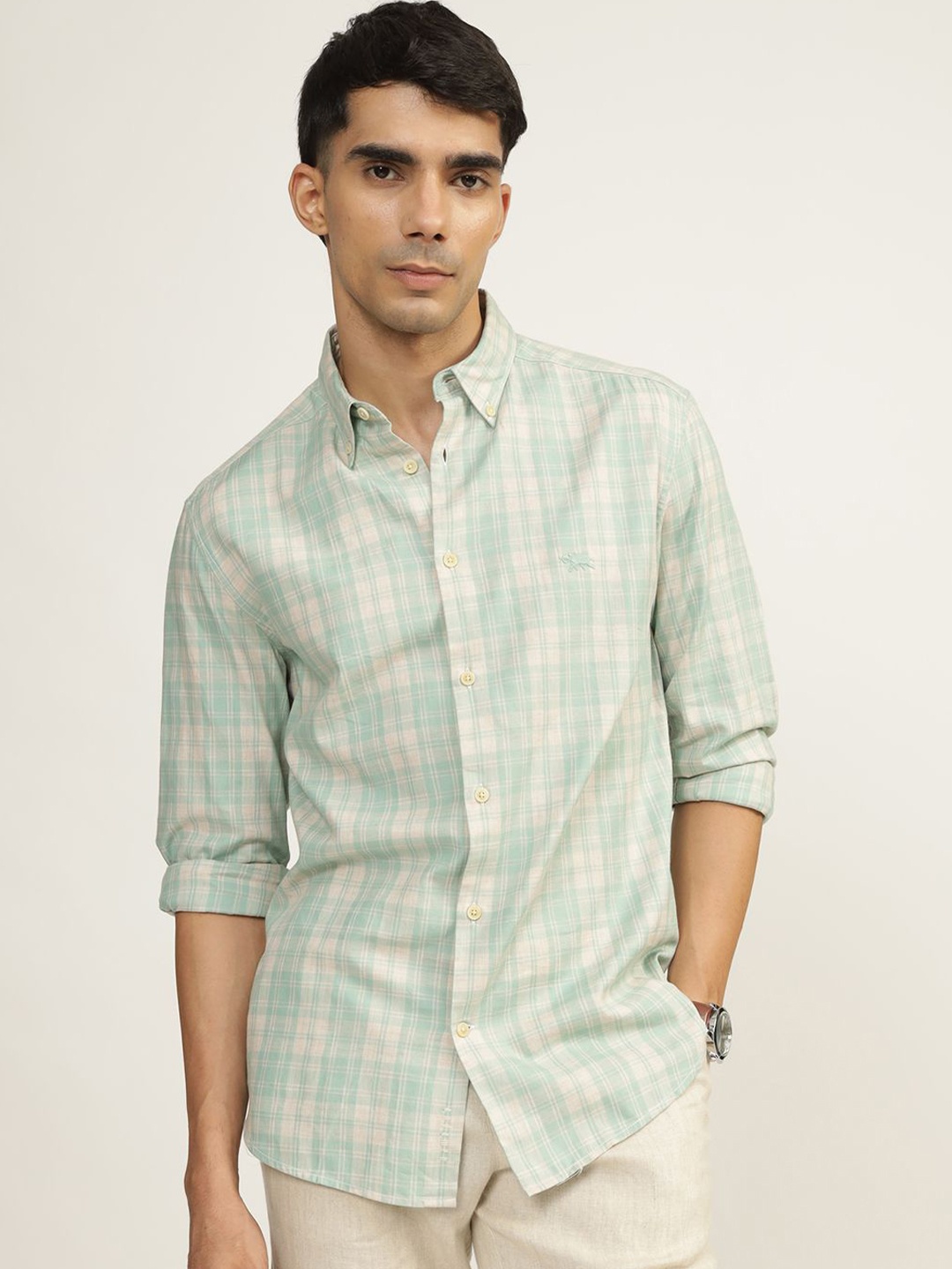 

Andamen Men Premium Slim Fit Tartan Checked Printed Casual Shirt, Green