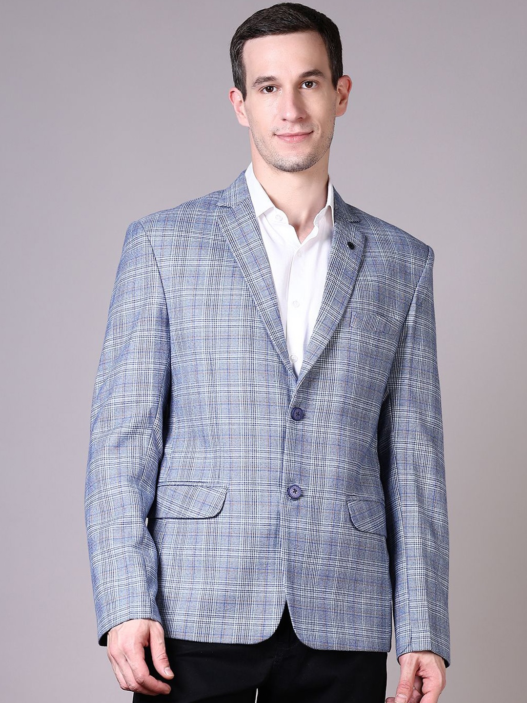 

V-Mart Notched Lapel Cotton Checked Single Breasted Blazer, Blue