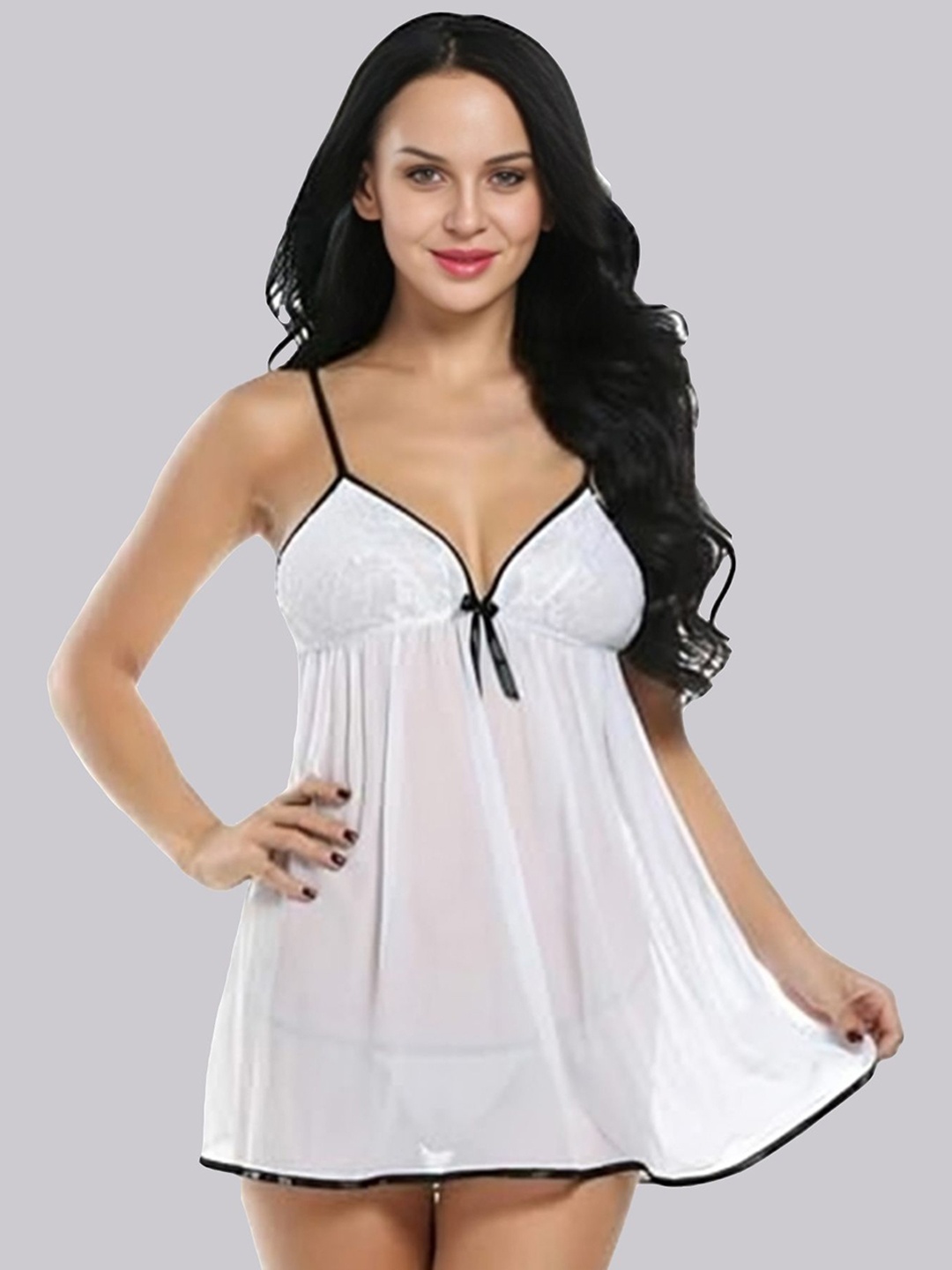 

BILLEBON Women V-Neck Net Baby Doll, White