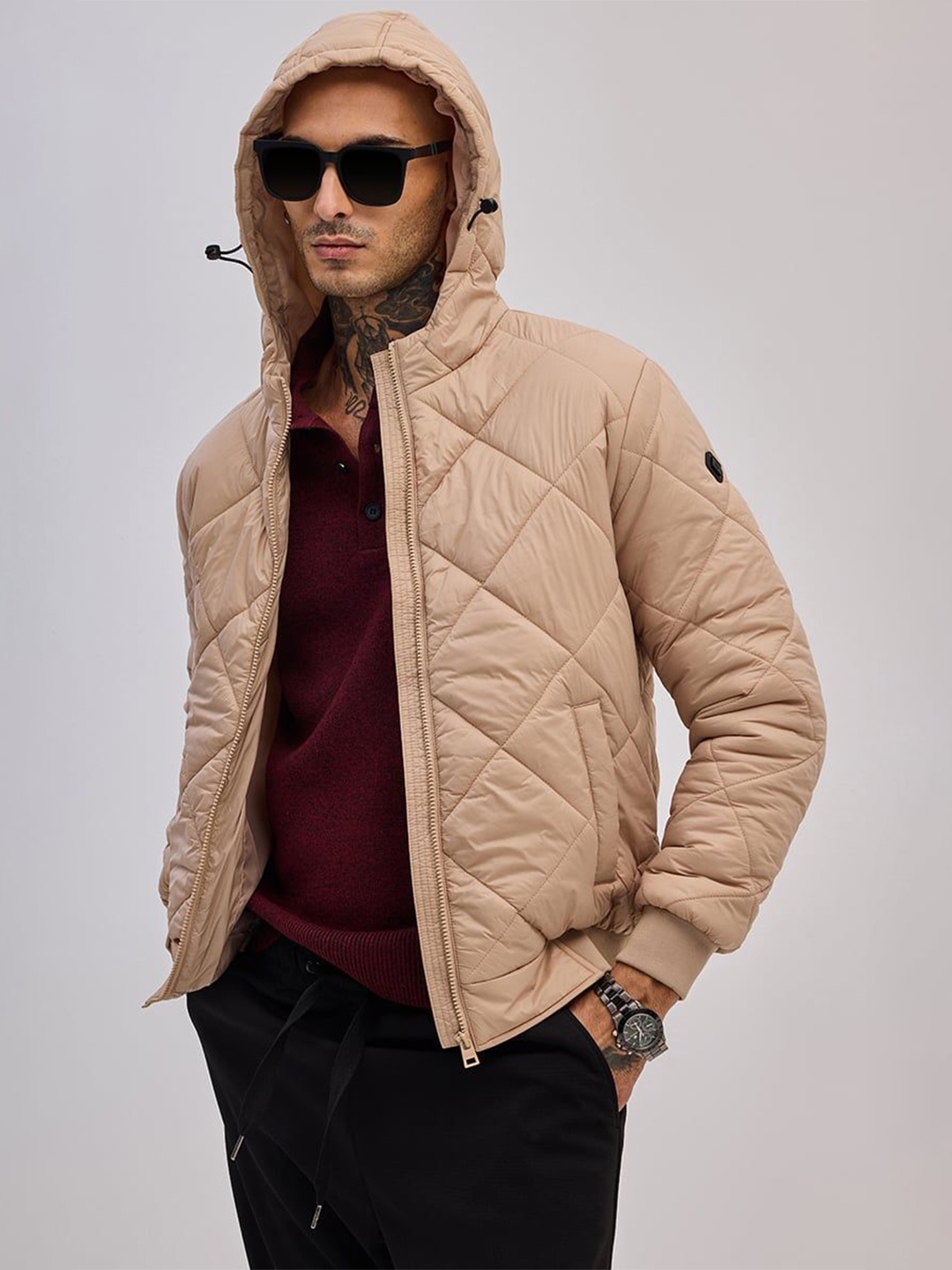 

Snitch Men Men's Beige Hooded Quilted Jacket