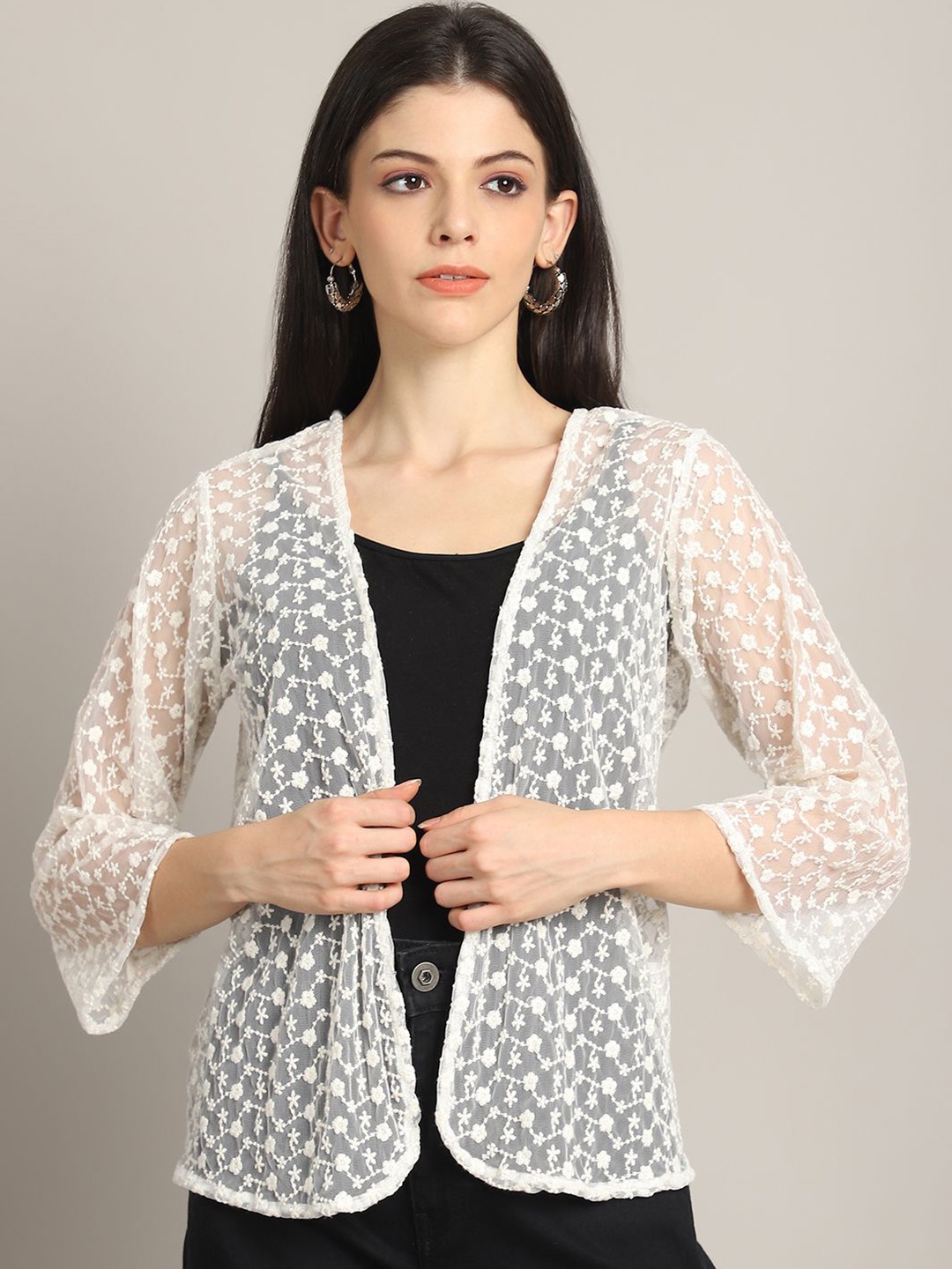 

Rute Self Design Pure Cotton Open Front Shrug, Off white