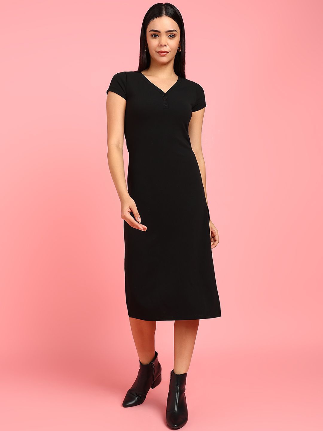 

Mast & Harbour Women V-Neck Short Sleeves Sheath Midi Dress, Black