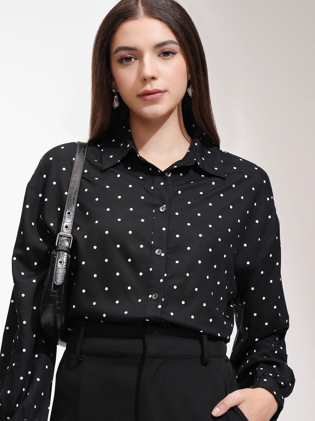 

Tokyo Talkies Women Printed Drop Shoulder Button Down Shirt, Black