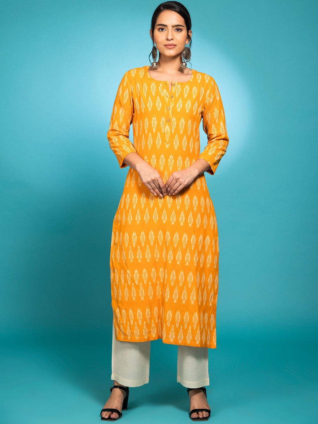 

Kasturi Creations Geometric Printed Pure Cotton Straight Kurta With Trouser & Dupatta, Yellow