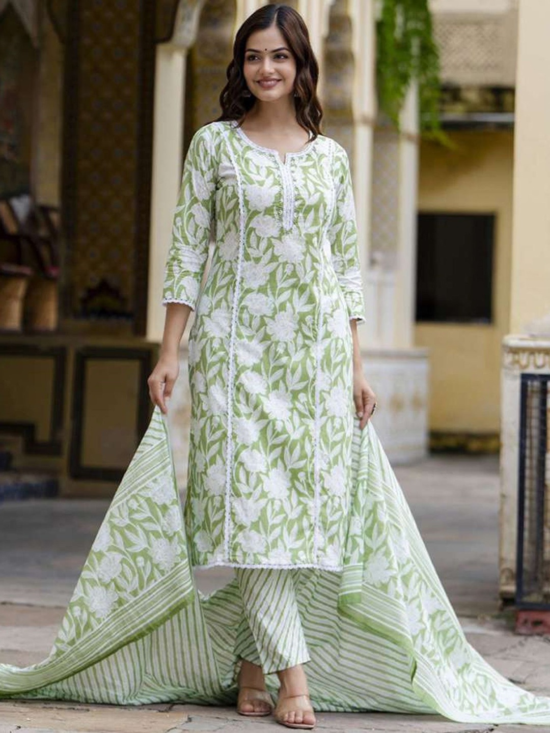 

PARTHVI Floral Printed Thread Work Pure Cotton Kurta With Trousers & Dupatta, Green