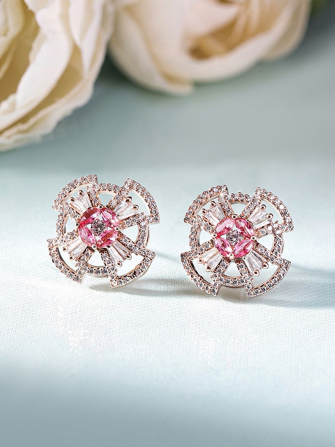 

Priyaasi Rose Gold-Plated American Diamond-Stone Studded Geometric Shaped Studs